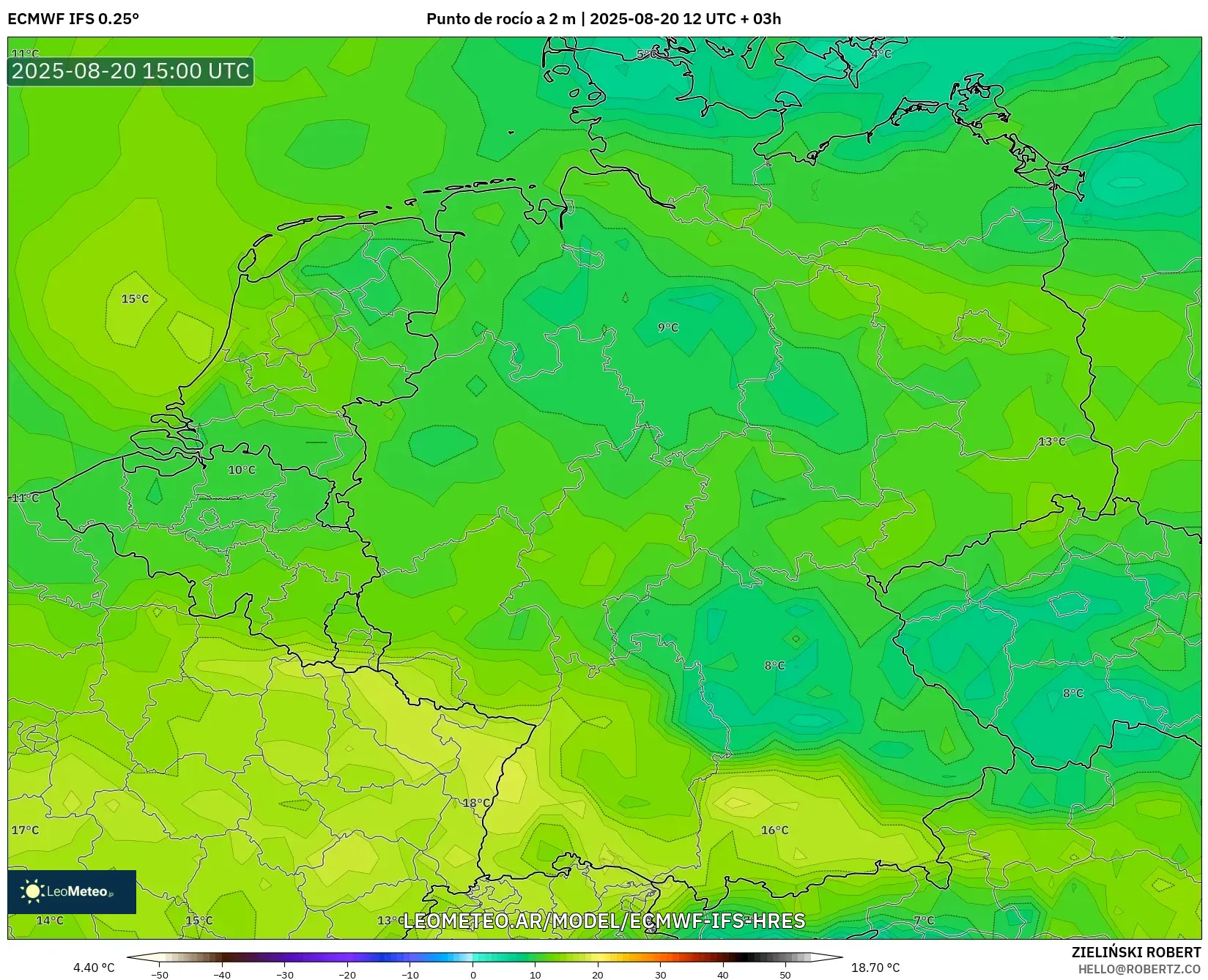 ECMWF IFS 0.25° model - Alemania, Punto de rocío a 2 m