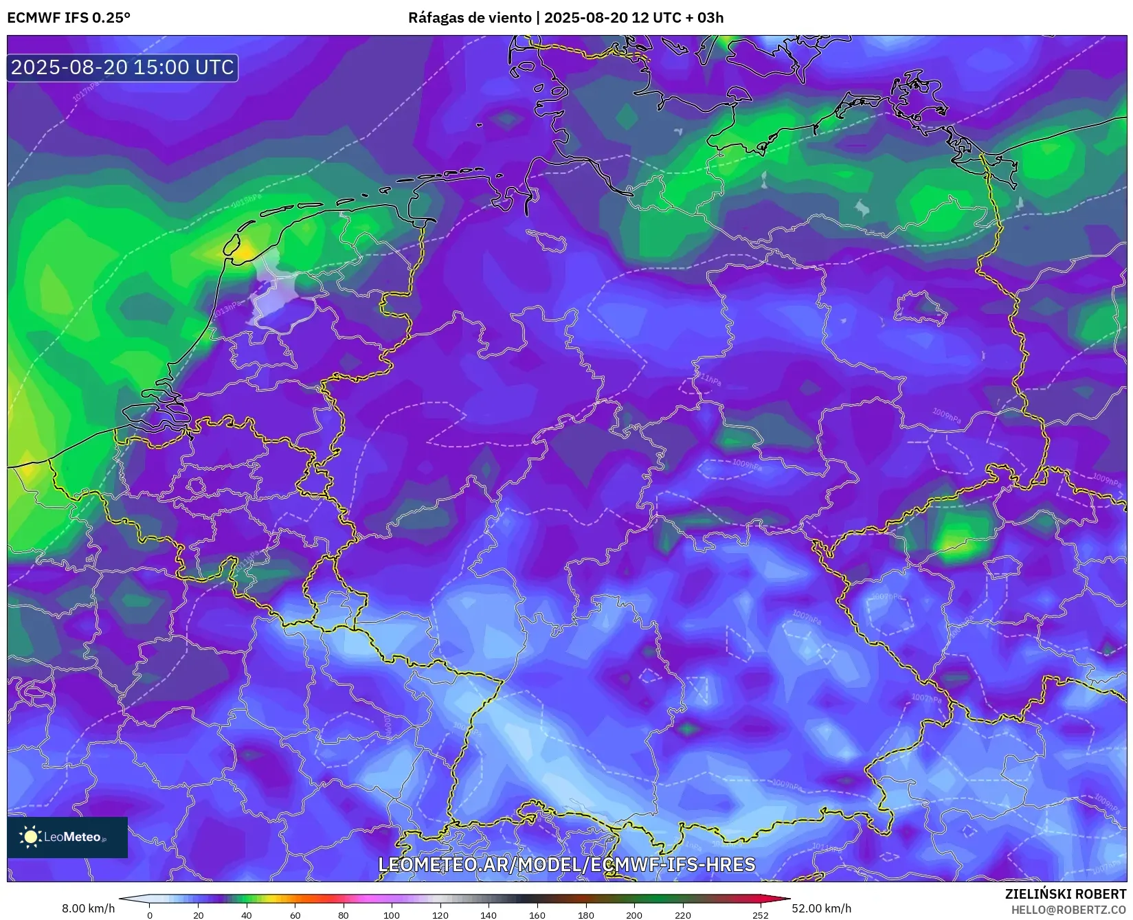ECMWF IFS 0.25° model - Alemania, Ráfagas de viento ECMWF IFS 0.25° model - Alemania, Ráfagas de viento