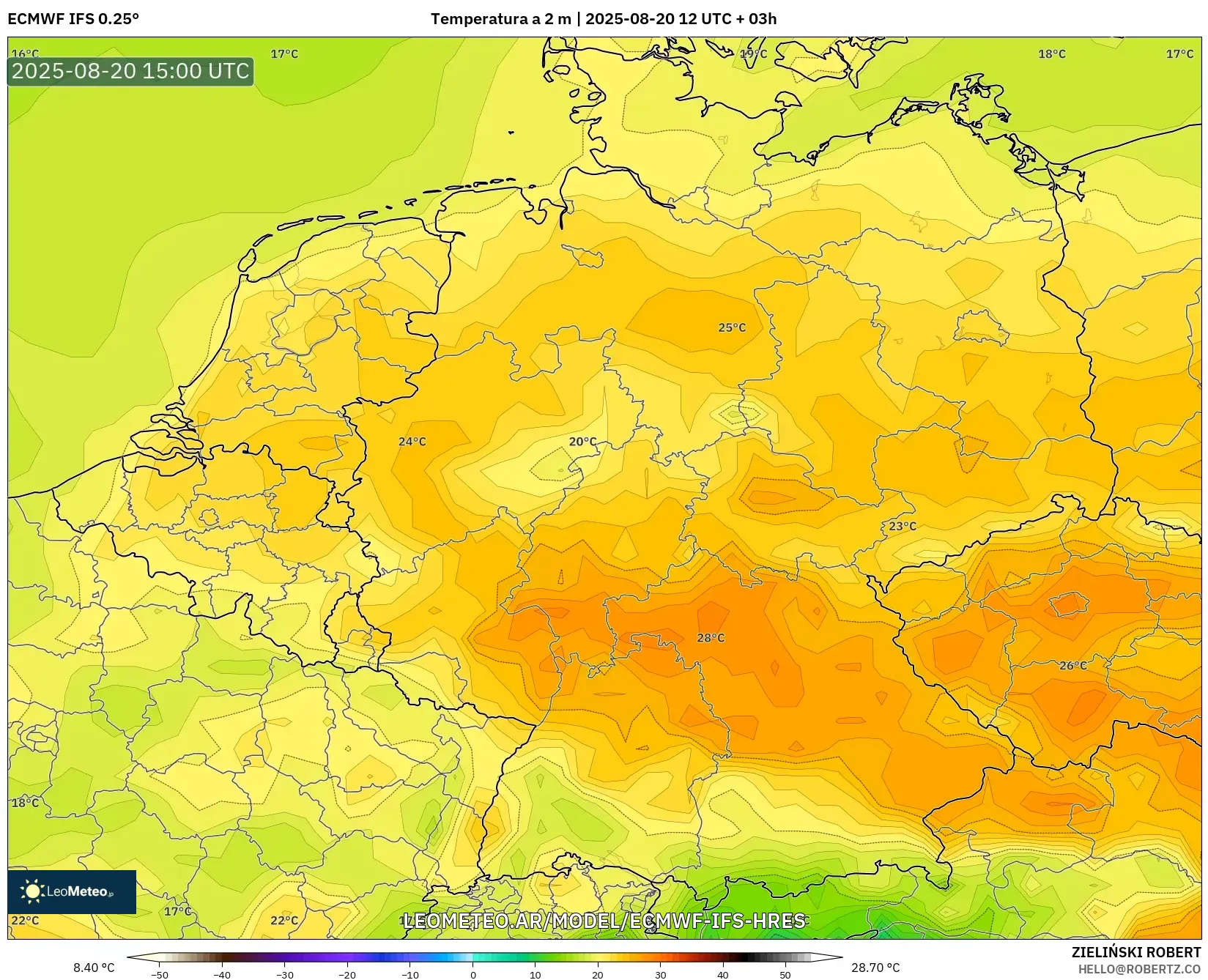 ECMWF IFS 0.25° model - Alemania, Temperatura a 2 m