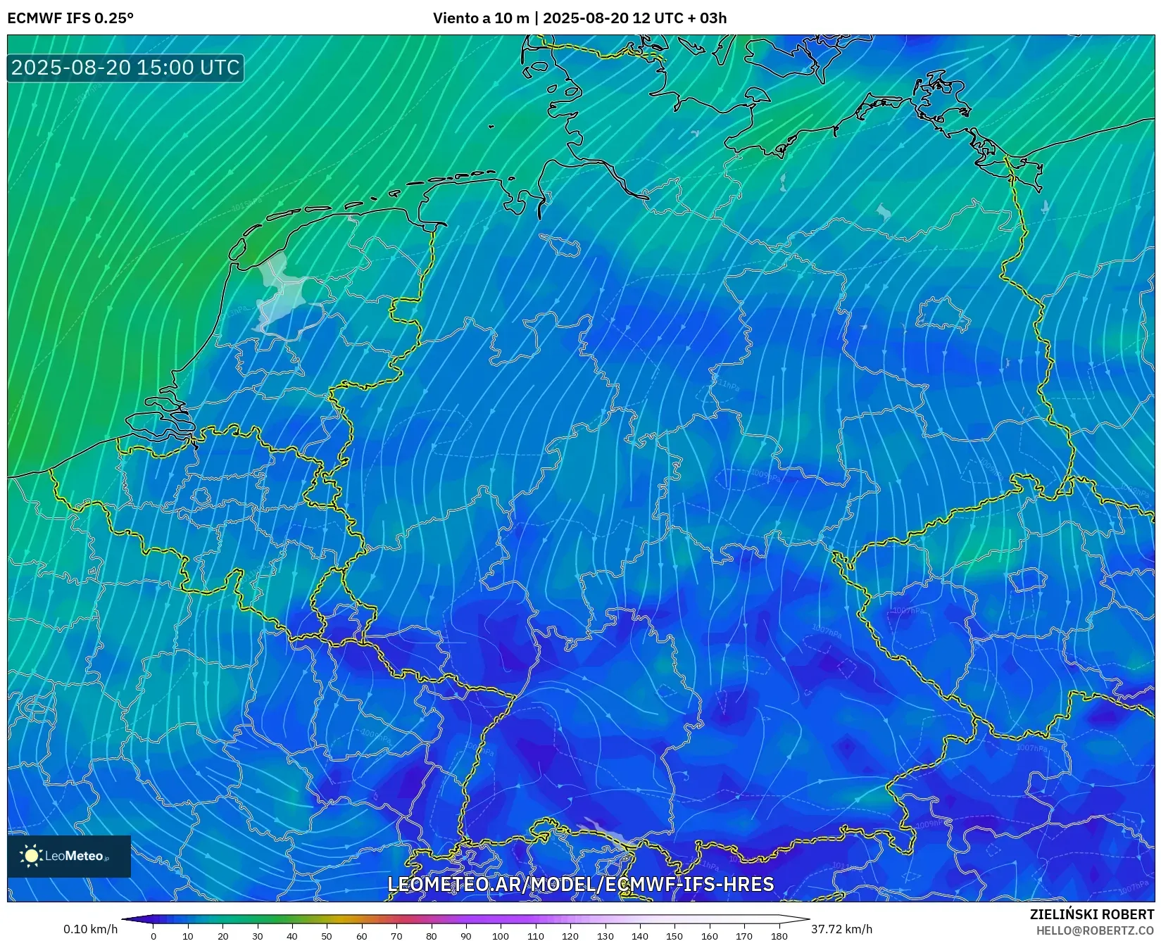 ECMWF IFS 0.25° model - Alemania, Viento a 10 m ECMWF IFS 0.25° model - Alemania, Viento a 10 m