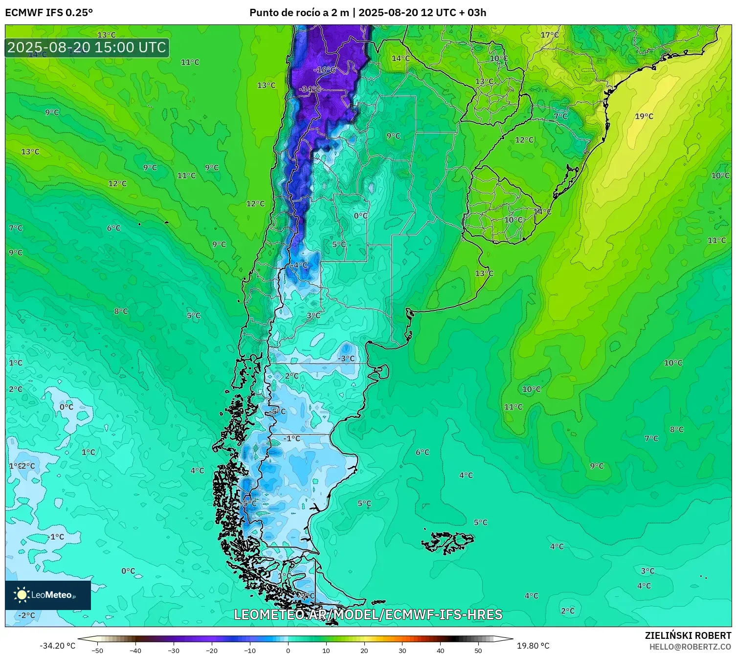 ECMWF IFS 0.25° model - Argentina, Punto de rocío a 2 m
