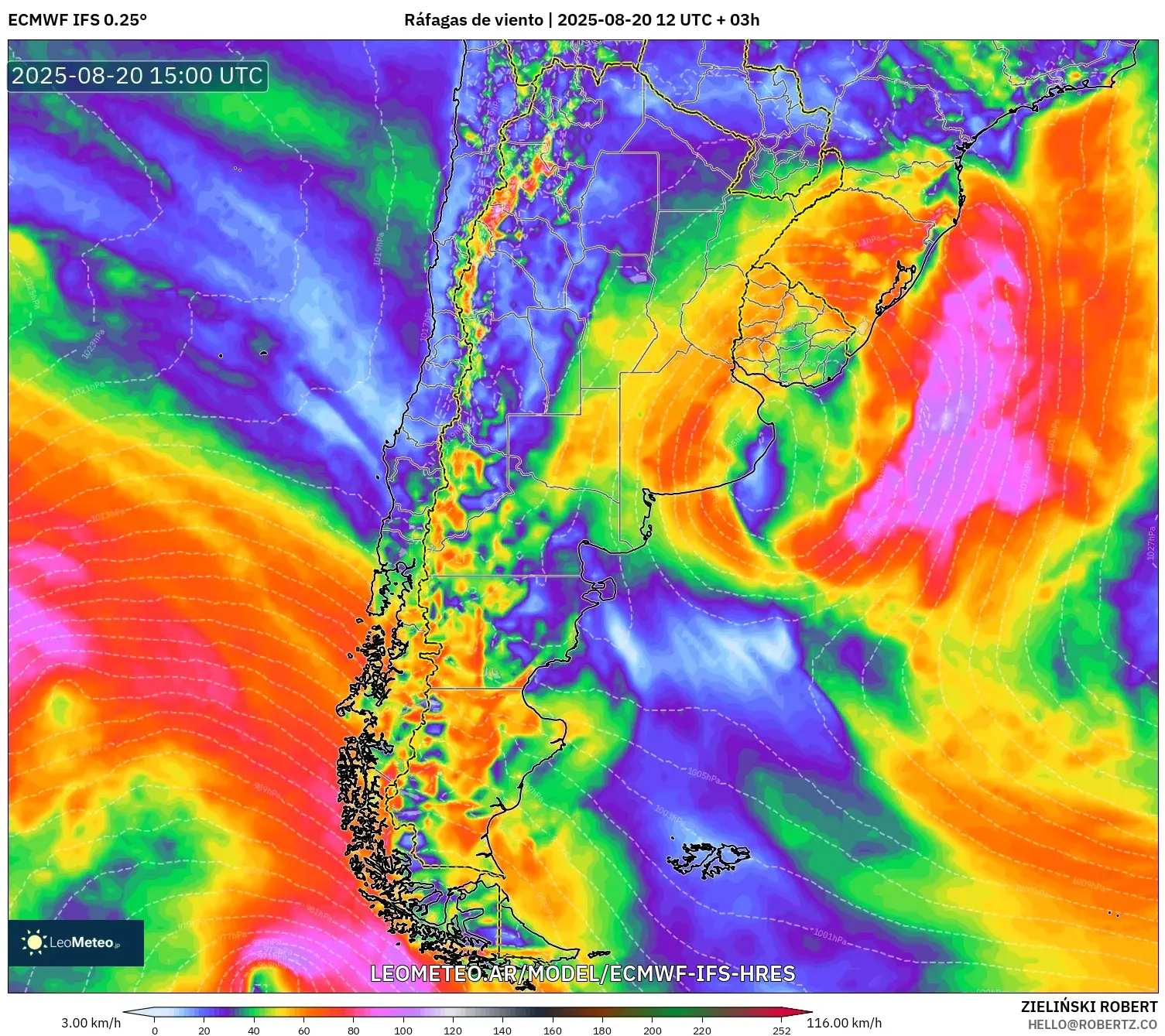 ECMWF IFS 0.25° model - Argentina, Ráfagas de viento ECMWF IFS 0.25° model - Argentina, Ráfagas de viento