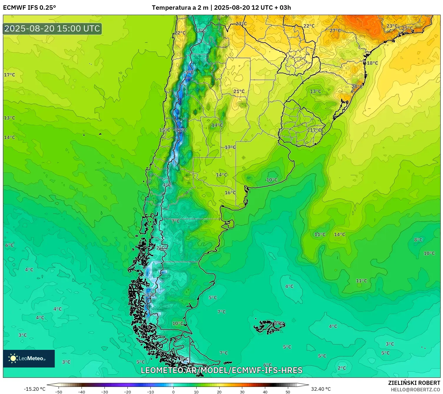 ECMWF IFS 0.25° model - Argentina, Temperatura a 2 m