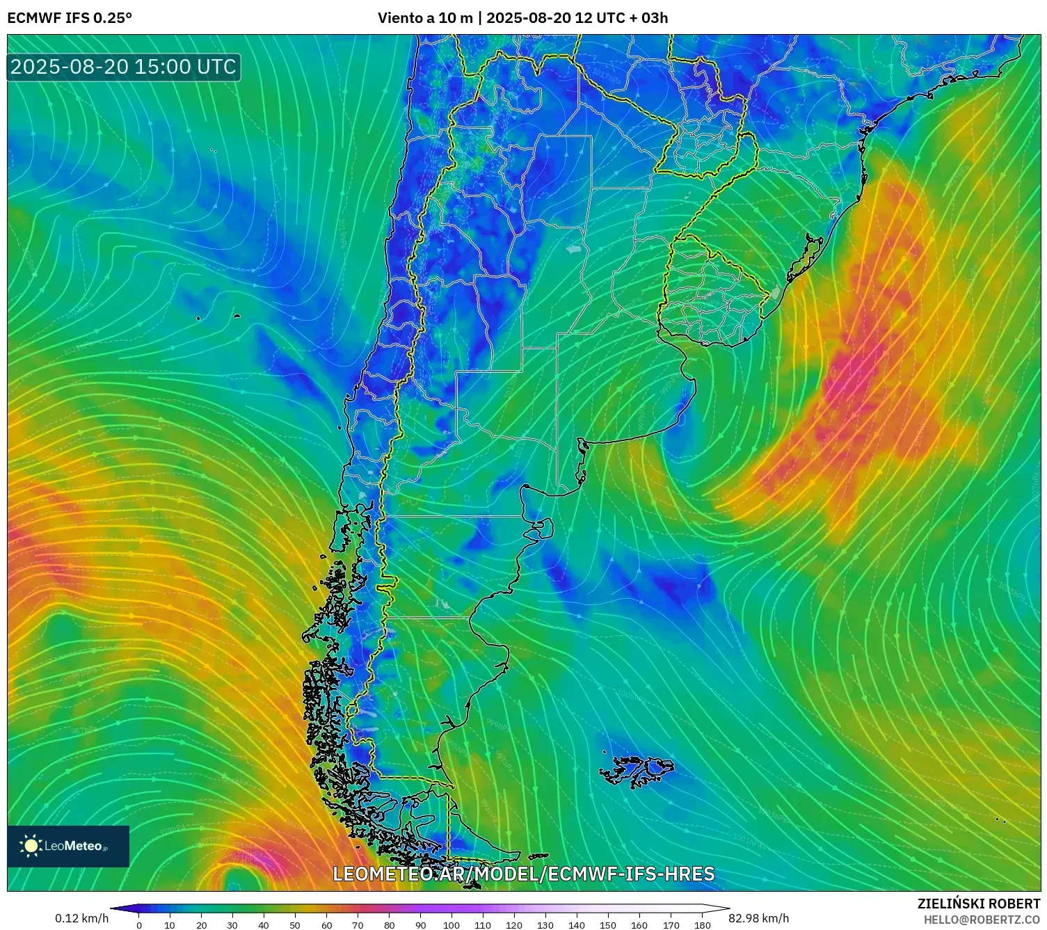 ECMWF IFS 0.25° model - Argentina, Viento a 10 m ECMWF IFS 0.25° model - Argentina, Viento a 10 m