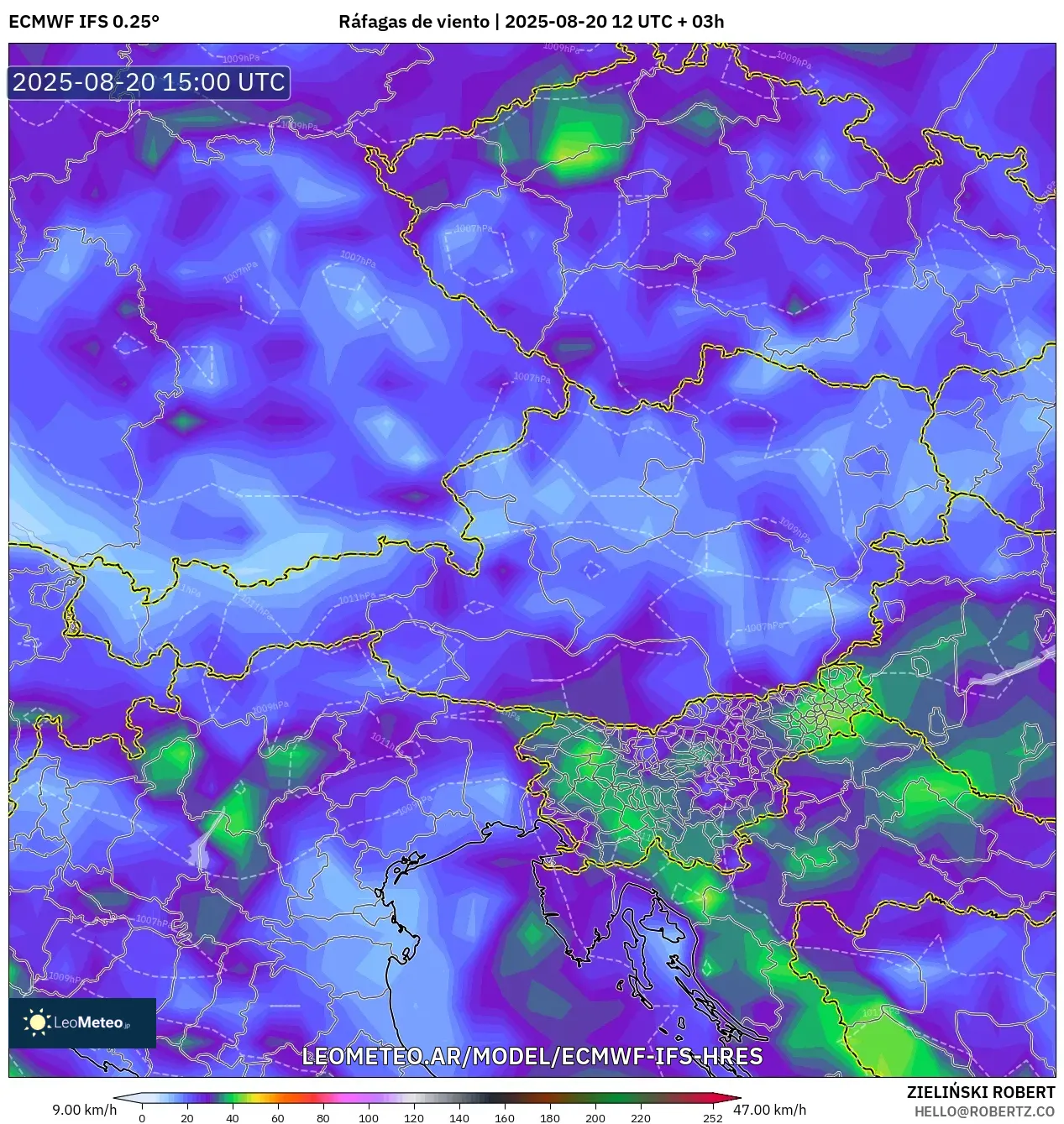 ECMWF IFS 0.25° model - Austria, Ráfagas de viento ECMWF IFS 0.25° model - Austria, Ráfagas de viento