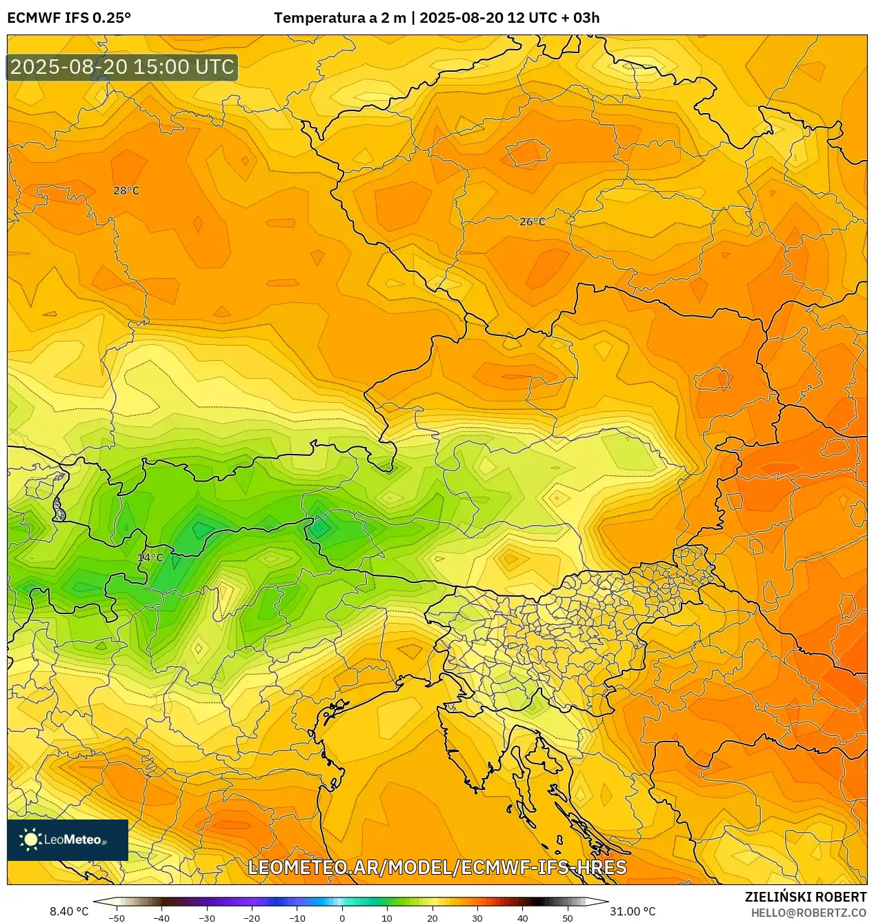 ECMWF IFS 0.25° model - Austria, Temperatura a 2 m