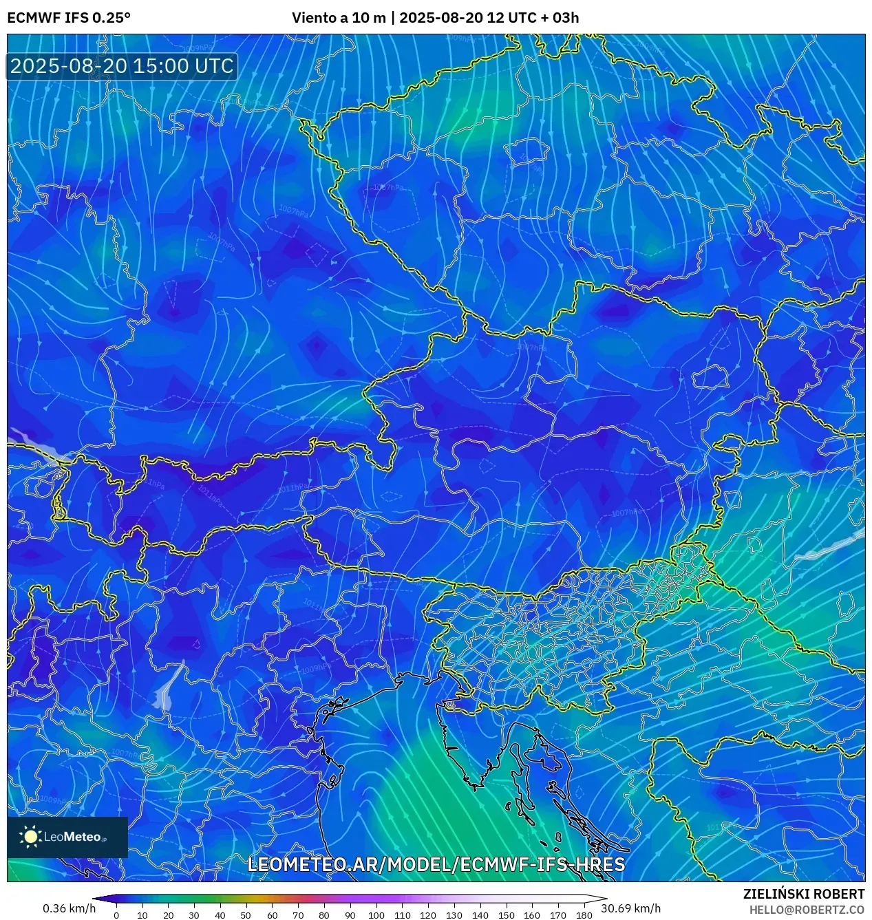 ECMWF IFS 0.25° model - Austria, Viento a 10 m