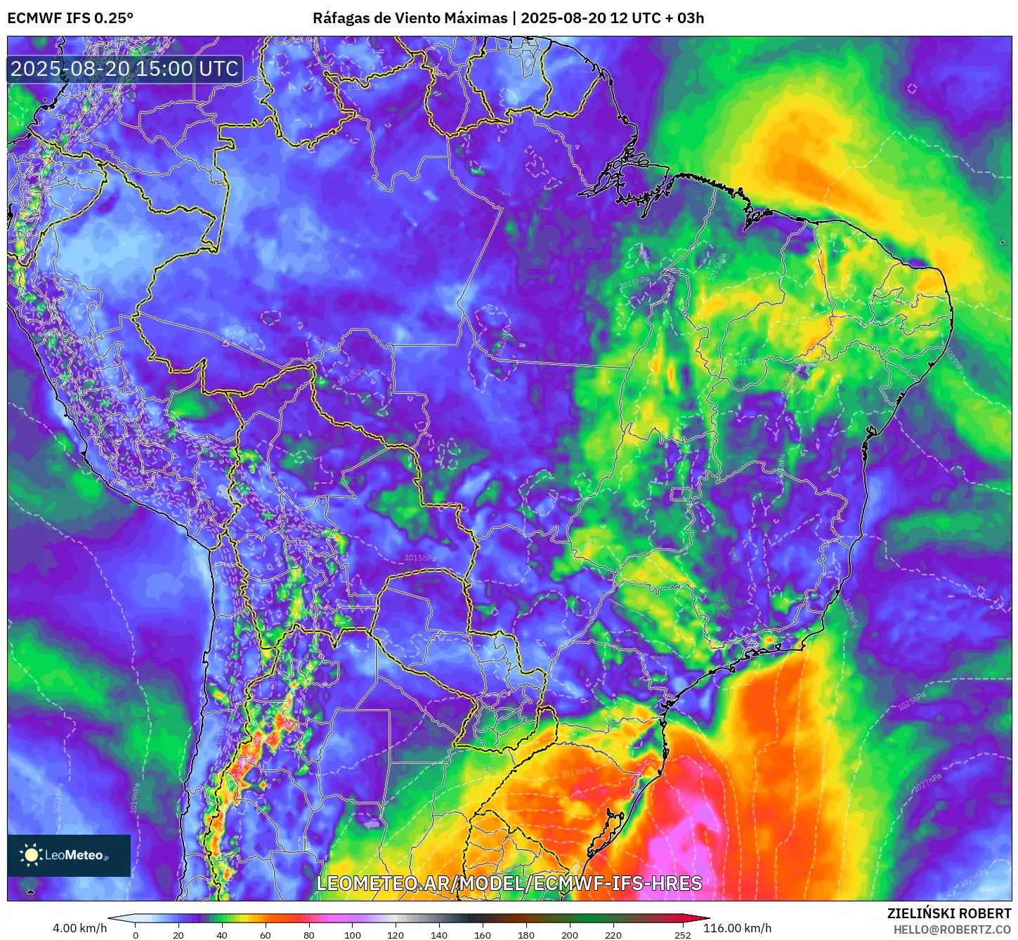 ECMWF IFS 0.25° model - Brasil, Ráfagas de Viento Máximas