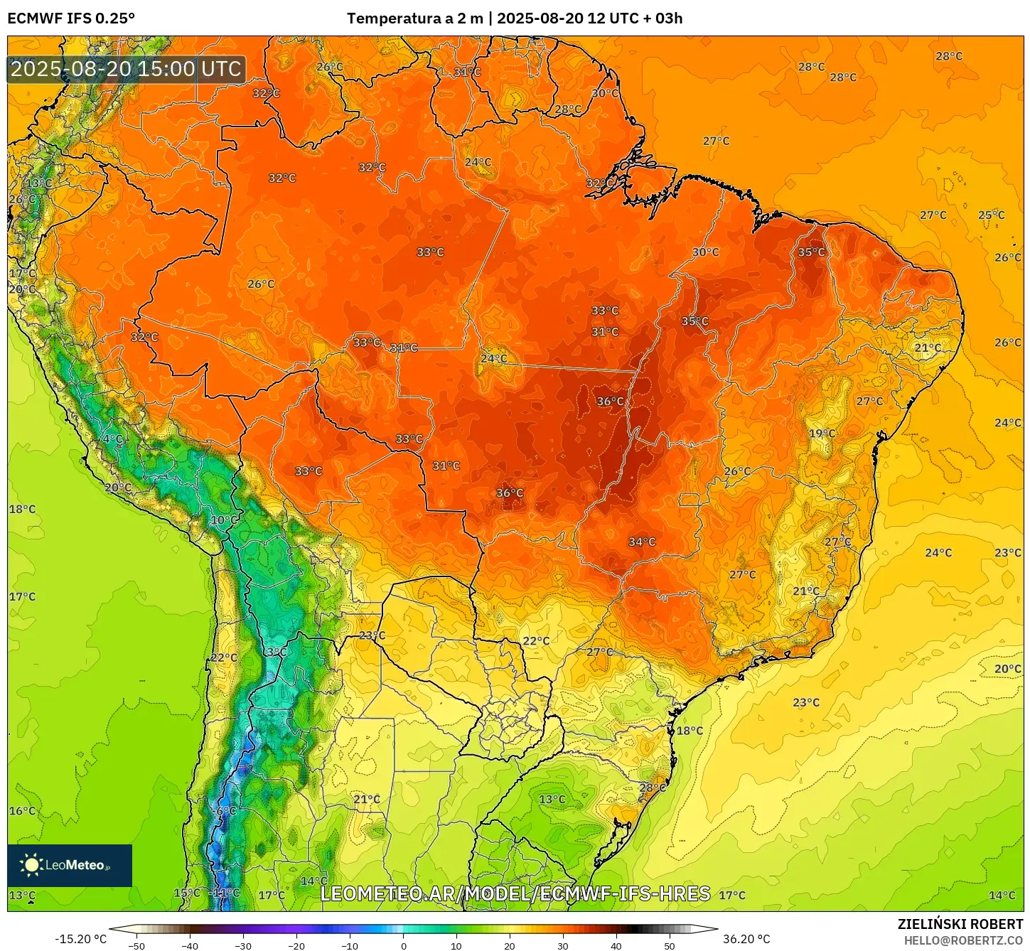 ECMWF IFS 0.25° model - Brasil, Temperatura a 2 m