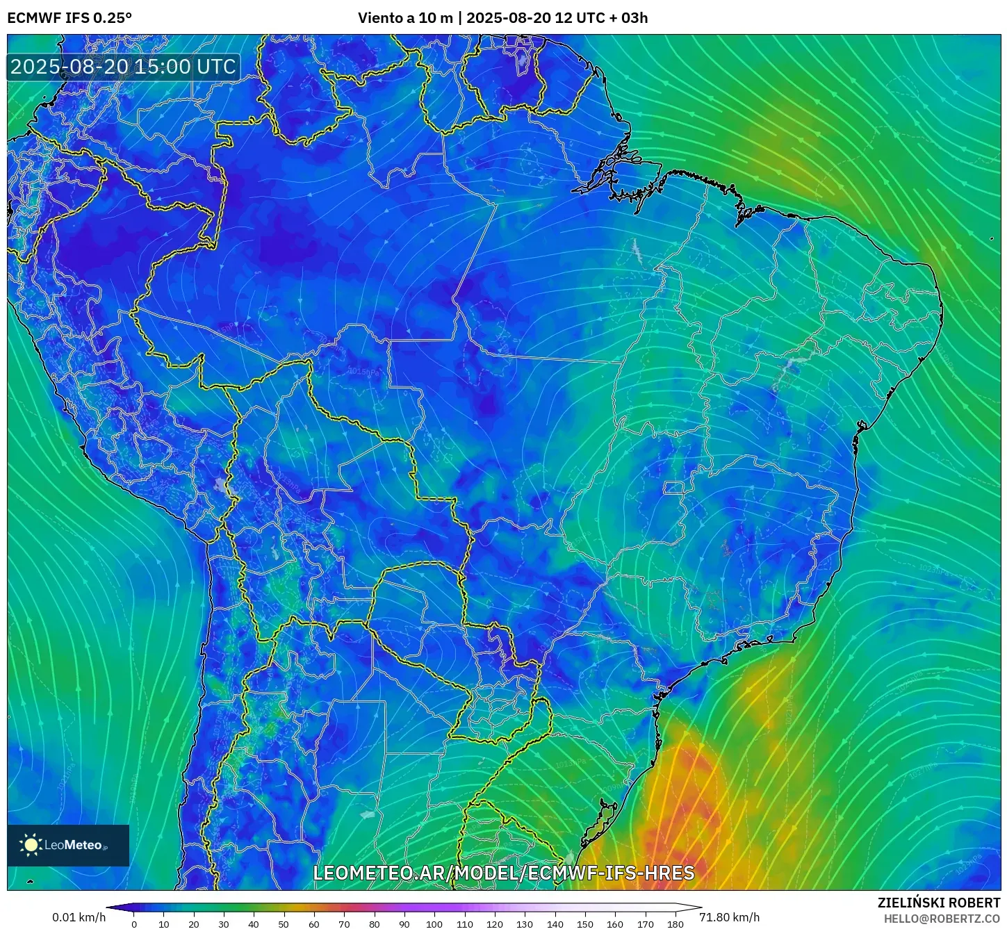 ECMWF IFS 0.25° model - Brasil, Viento a 10 m
