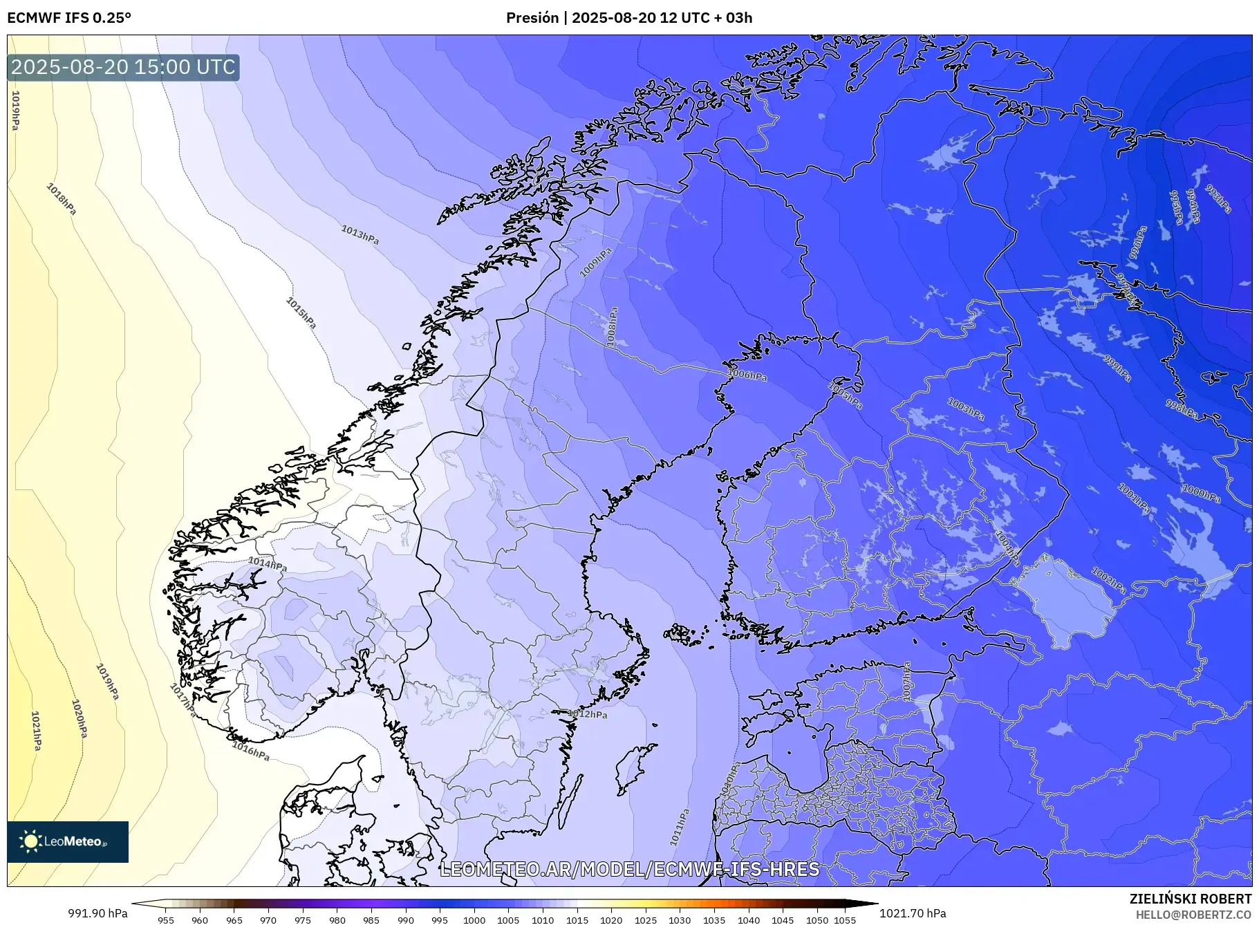 ECMWF IFS 0.25° model - Escandinavia, Presión