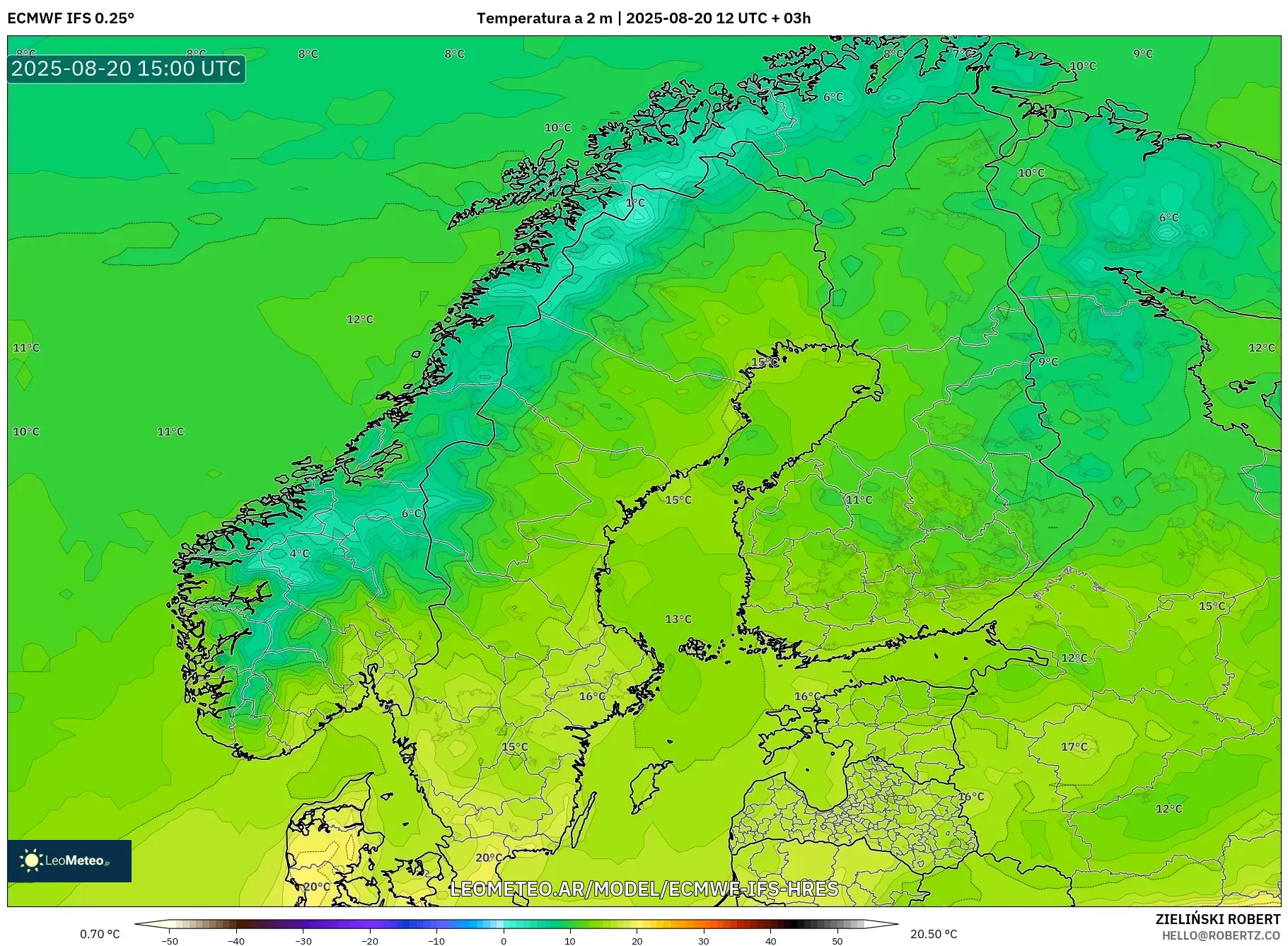 ECMWF IFS 0.25° model - Escandinavia, Temperatura a 2 m ECMWF IFS 0.25° model - Escandinavia, Temperatura a 2 m