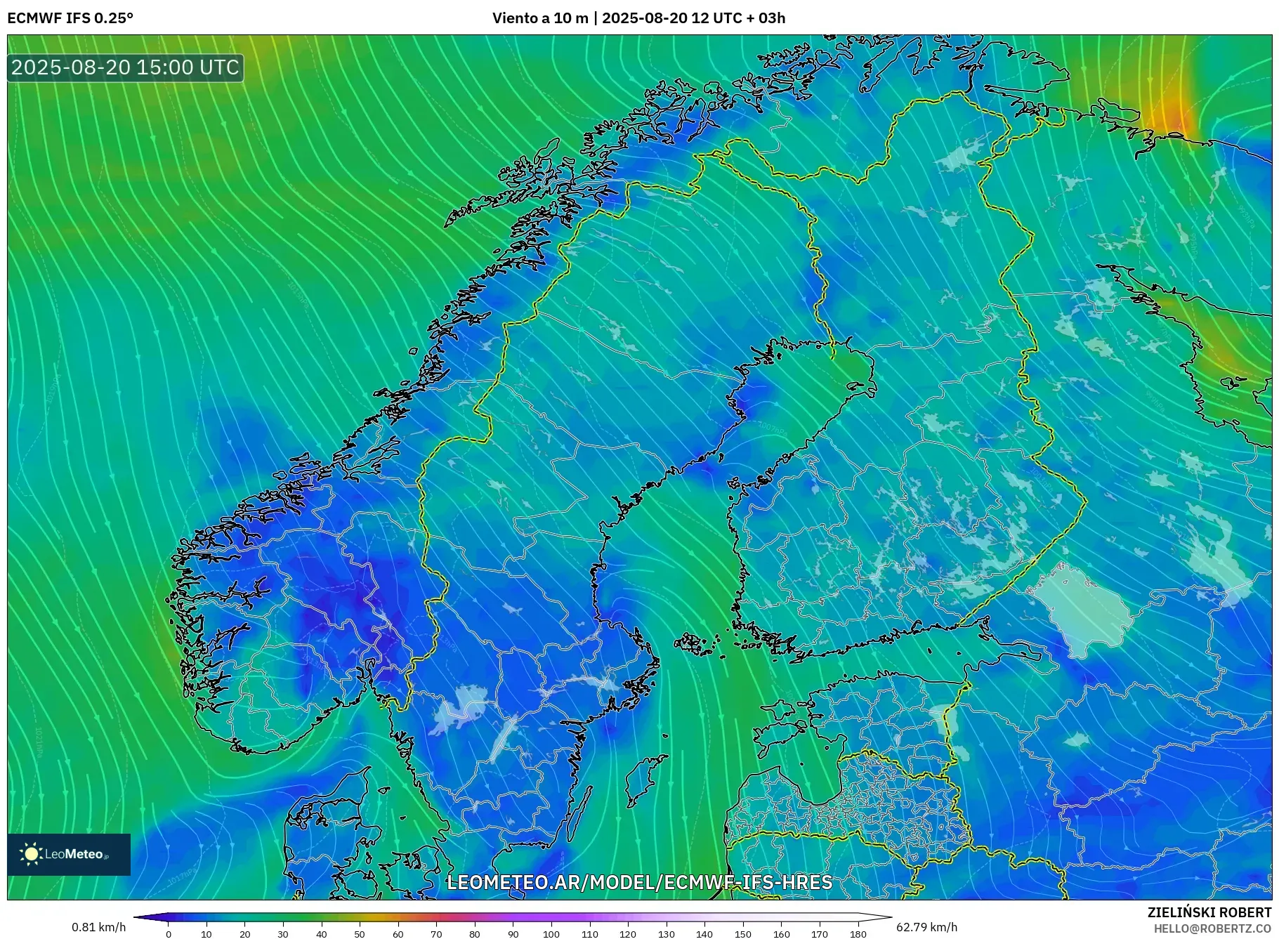 ECMWF IFS 0.25° model - Escandinavia, Viento a 10 m