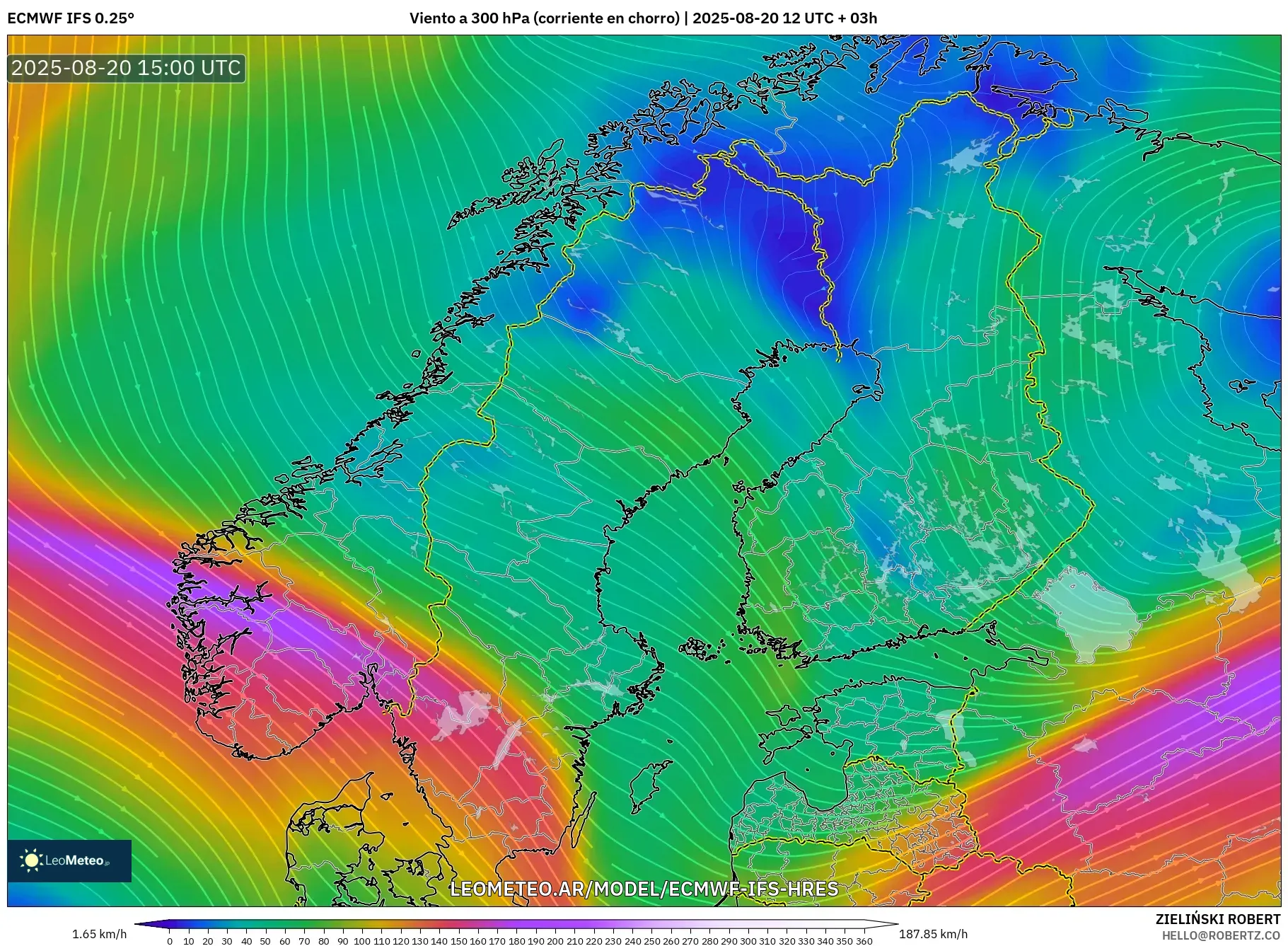 ECMWF IFS 0.25° model - Escandinavia, Viento a 300 hPa (corriente en chorro) ECMWF IFS 0.25° model - Escandinavia, Viento a 300 hPa (corriente en chorro)