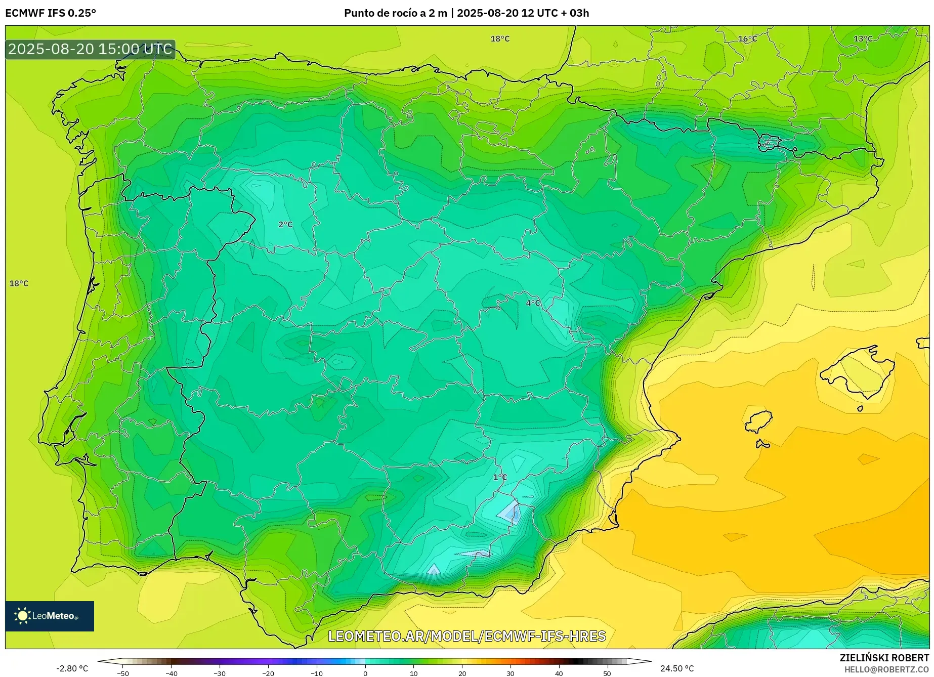 ECMWF IFS 0.25° model - España, Punto de rocío a 2 m