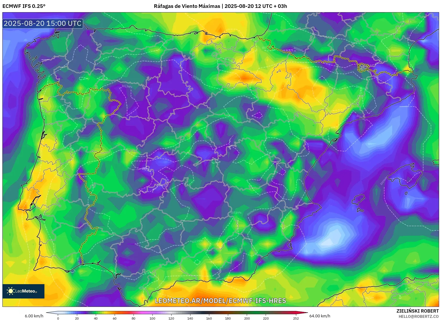 ECMWF IFS 0.25° model - España, Ráfagas de Viento Máximas