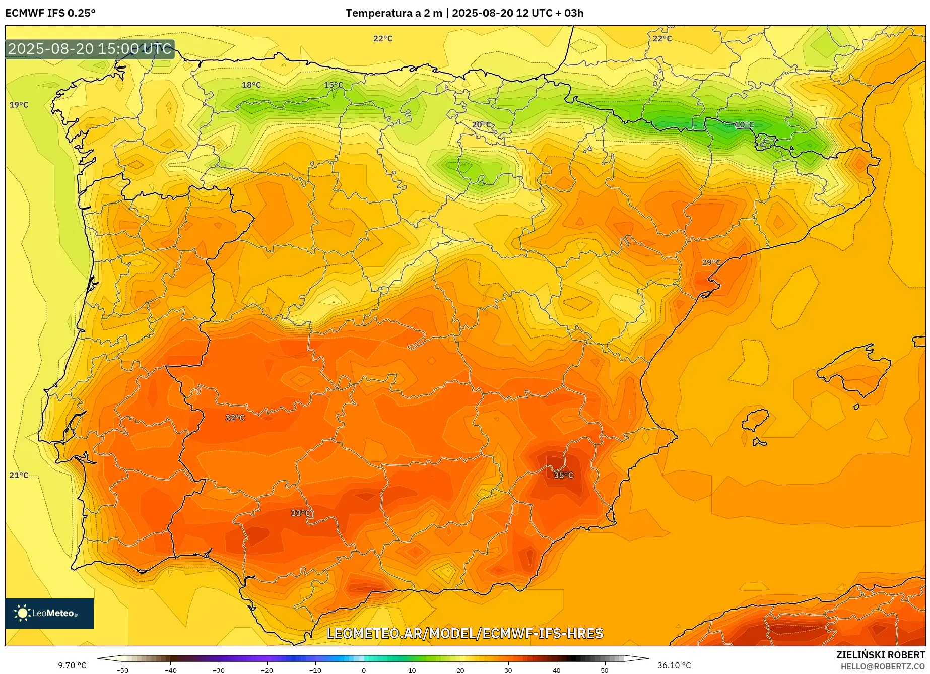 ECMWF IFS 0.25° model - España, Temperatura a 2 m