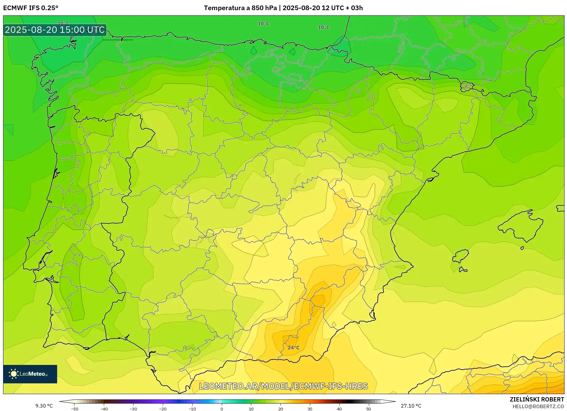 ECMWF IFS 0.25° model - España, Temperatura a 850 hPa