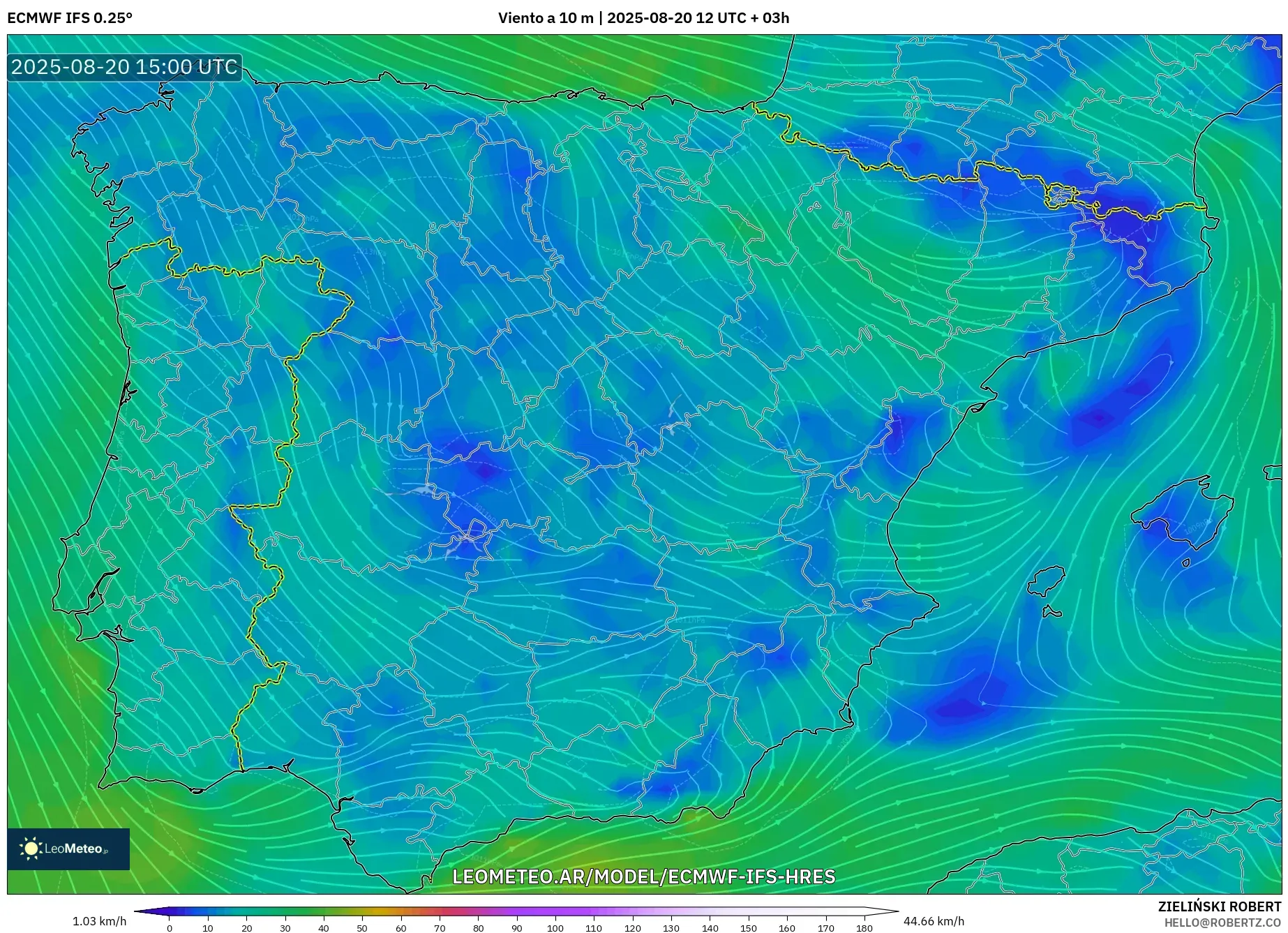 ECMWF IFS 0.25° model - España, Viento a 10 m