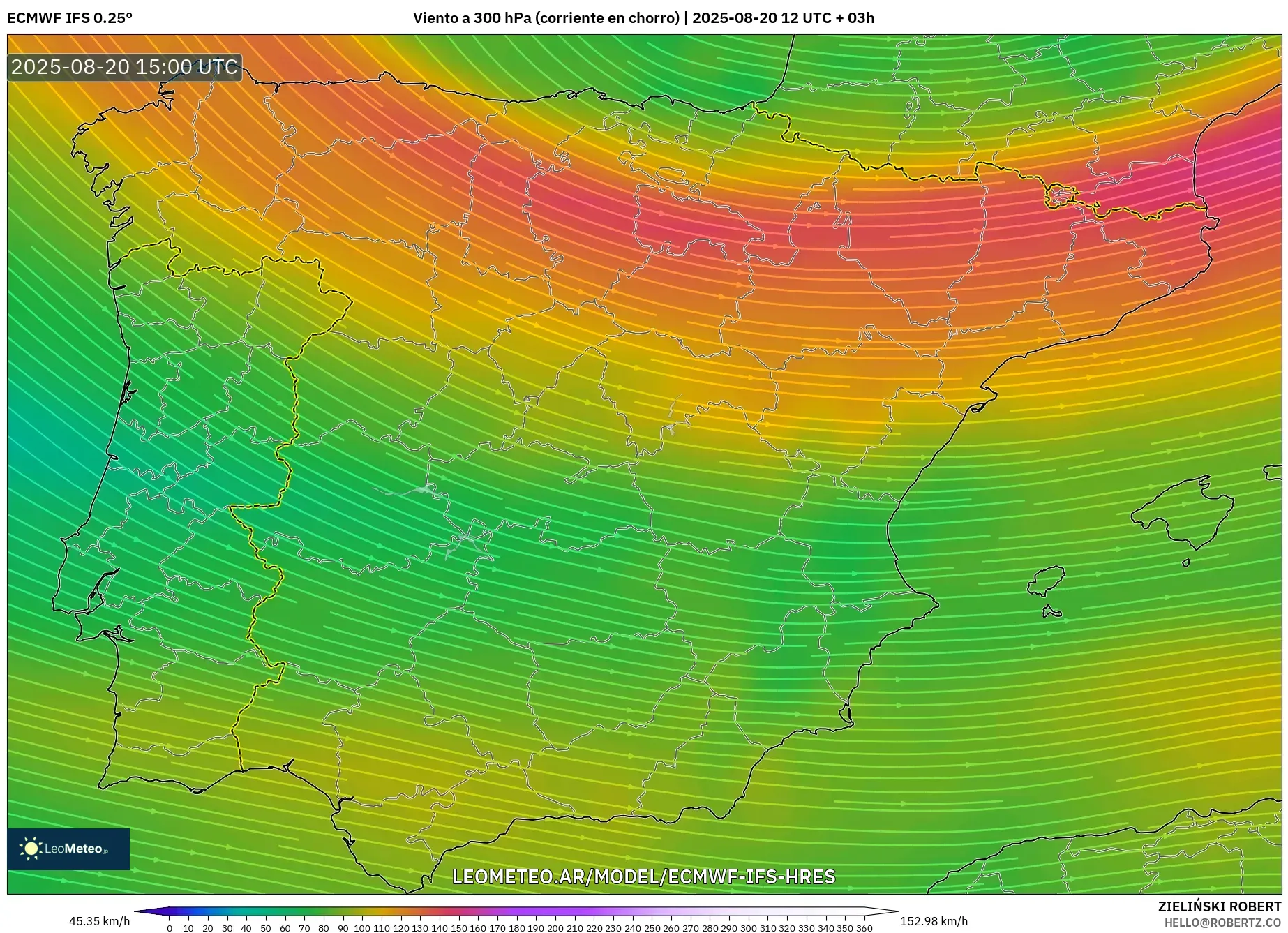ECMWF IFS 0.25° model - España, Viento a 300 hPa (corriente en chorro)