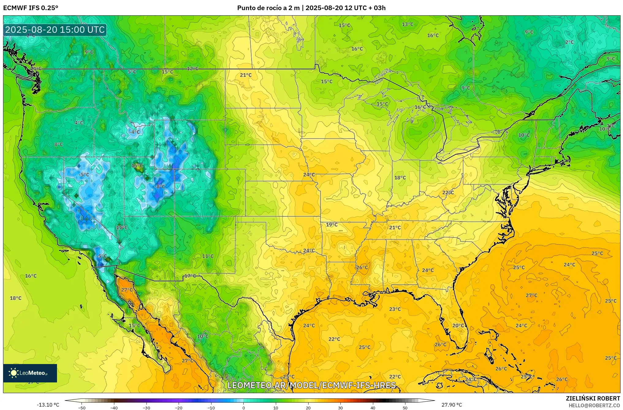 ECMWF IFS 0.25° model - Estados Unidos, Punto de rocío a 2 m ECMWF IFS 0.25° model - Estados Unidos, Punto de rocío a 2 m