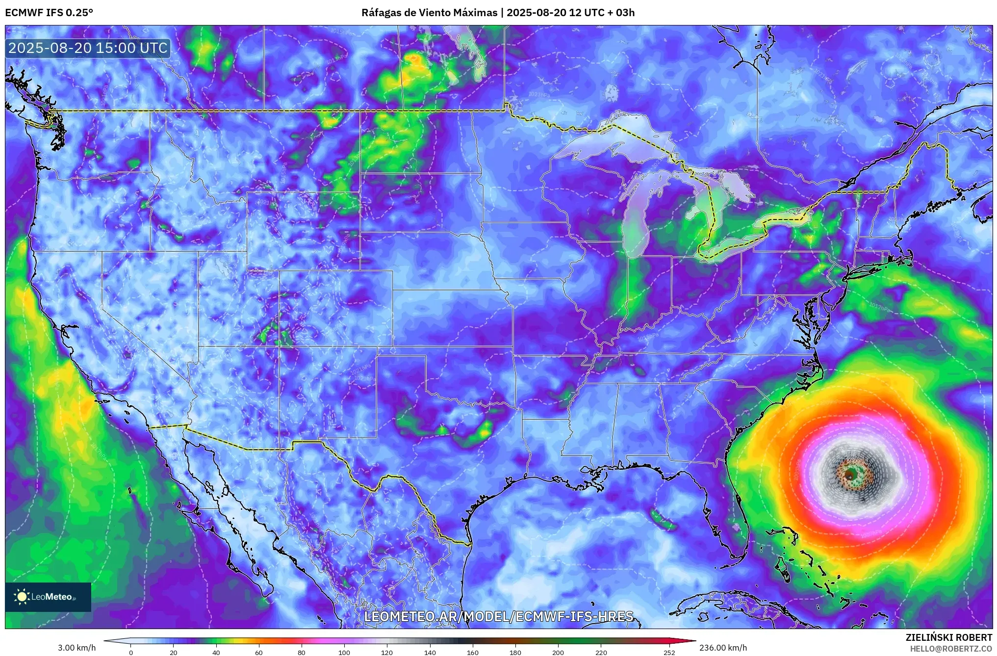 ECMWF IFS 0.25° model - Estados Unidos, Ráfagas de Viento Máximas