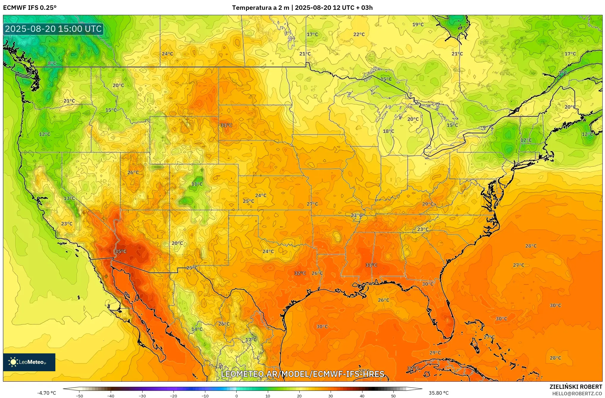 ECMWF IFS 0.25° model - Estados Unidos, Temperatura a 2 m ECMWF IFS 0.25° model - Estados Unidos, Temperatura a 2 m