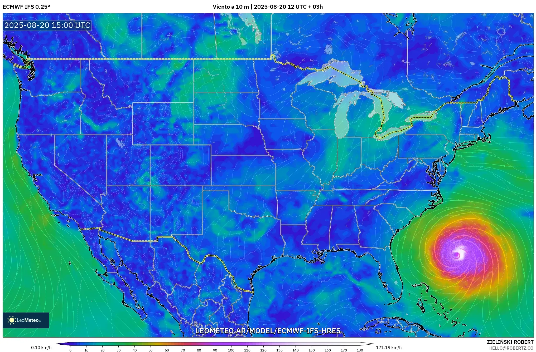 ECMWF IFS 0.25° model - Estados Unidos, Viento a 10 m ECMWF IFS 0.25° model - Estados Unidos, Viento a 10 m