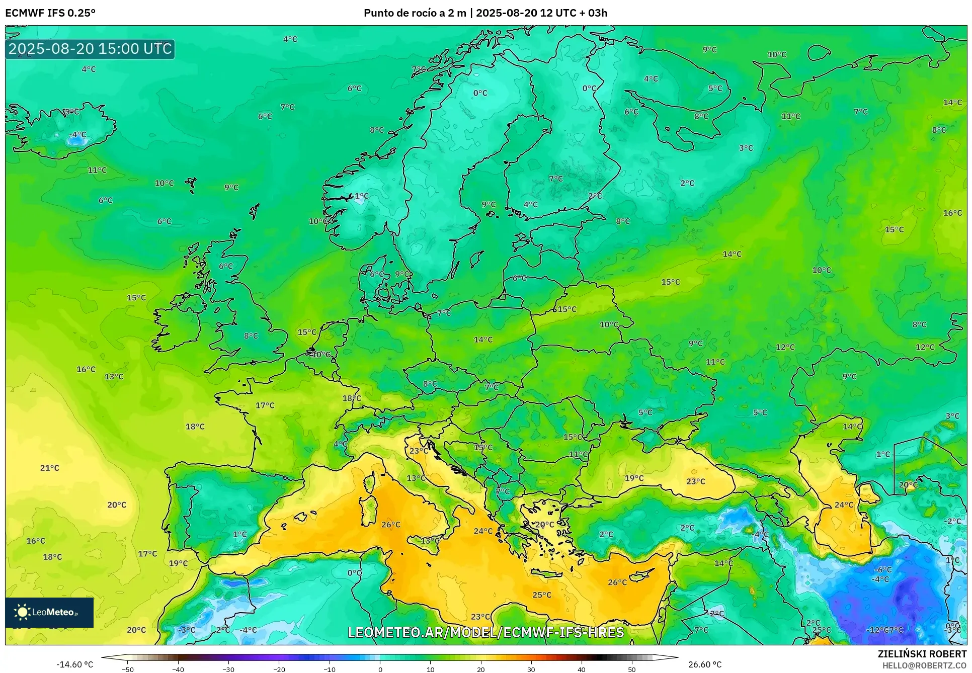 ECMWF IFS 0.25° model - Europa, Punto de rocío a 2 m ECMWF IFS 0.25° model - Europa, Punto de rocío a 2 m