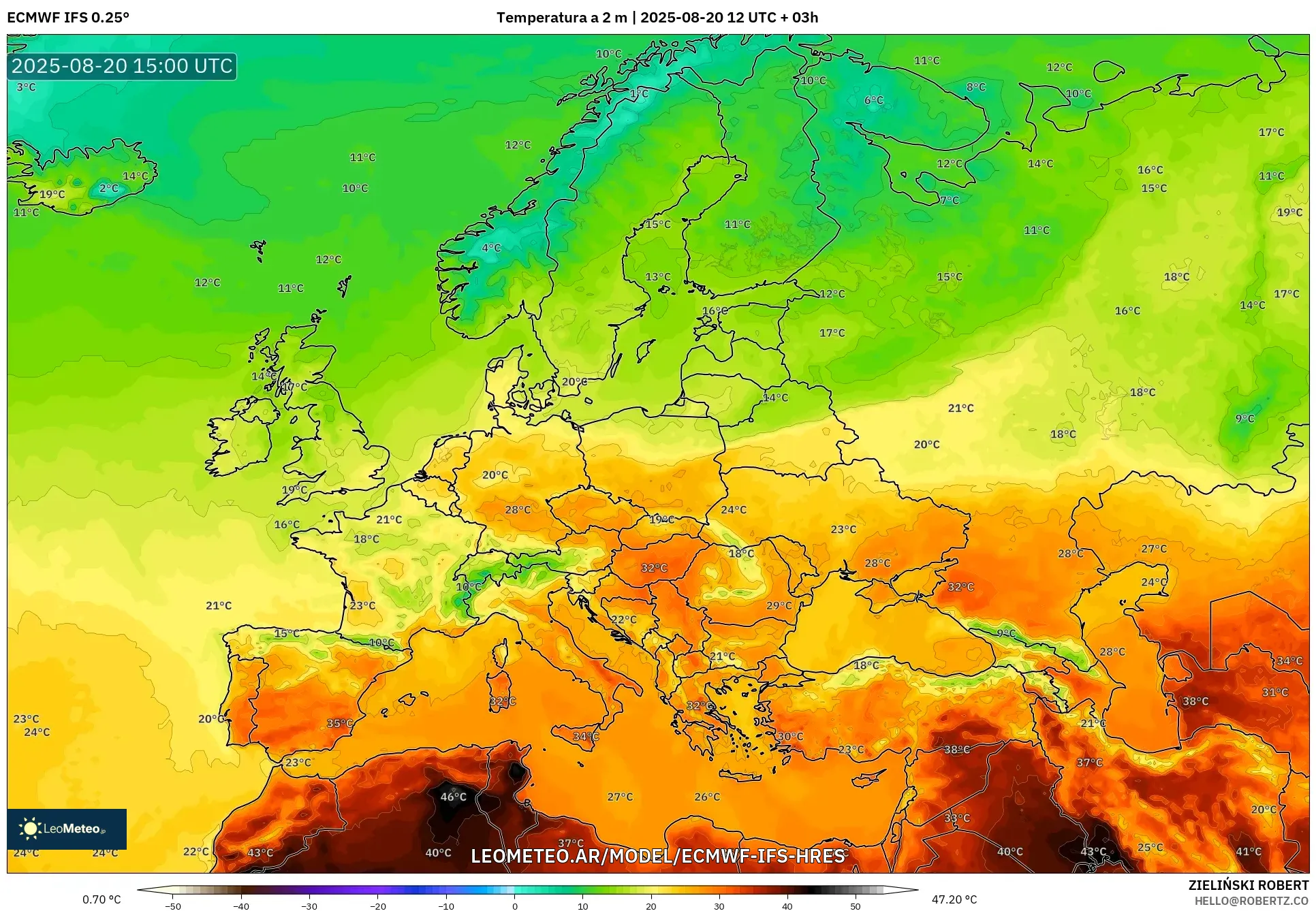 ECMWF IFS 0.25° model - Europa, Temperatura a 2 m