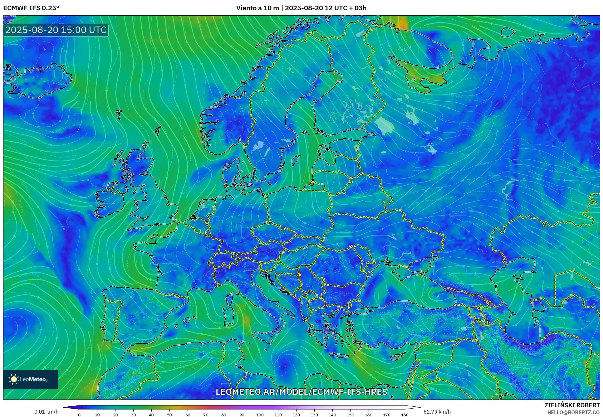 ECMWF IFS 0.25° model - Europa, Viento a 10 m ECMWF IFS 0.25° model - Europa, Viento a 10 m
