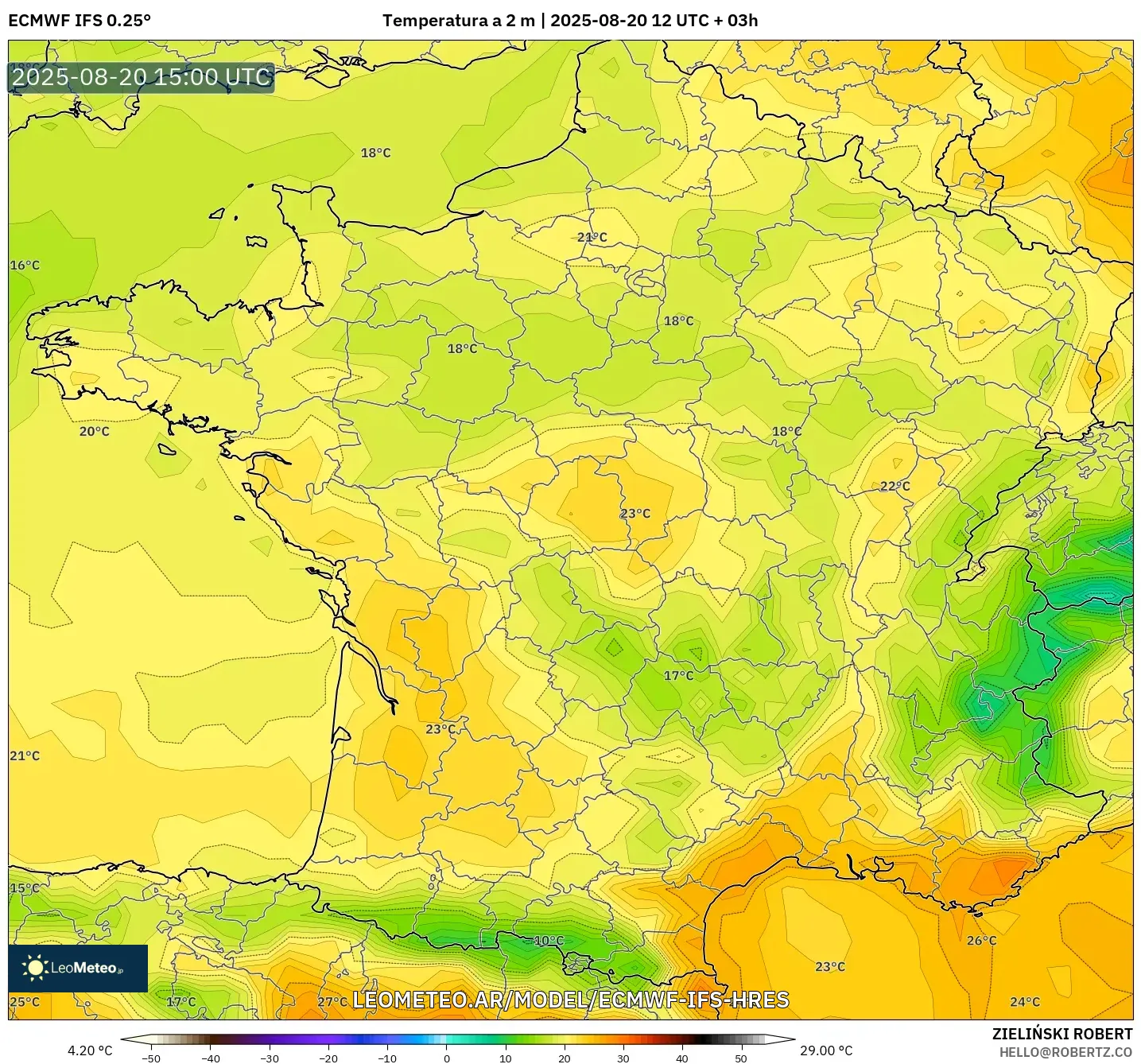 ECMWF IFS 0.25° model - Francia, Temperatura a 2 m