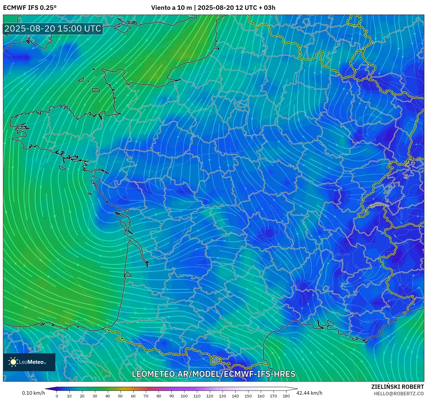 ECMWF IFS 0.25° model - Francia, Viento a 10 m