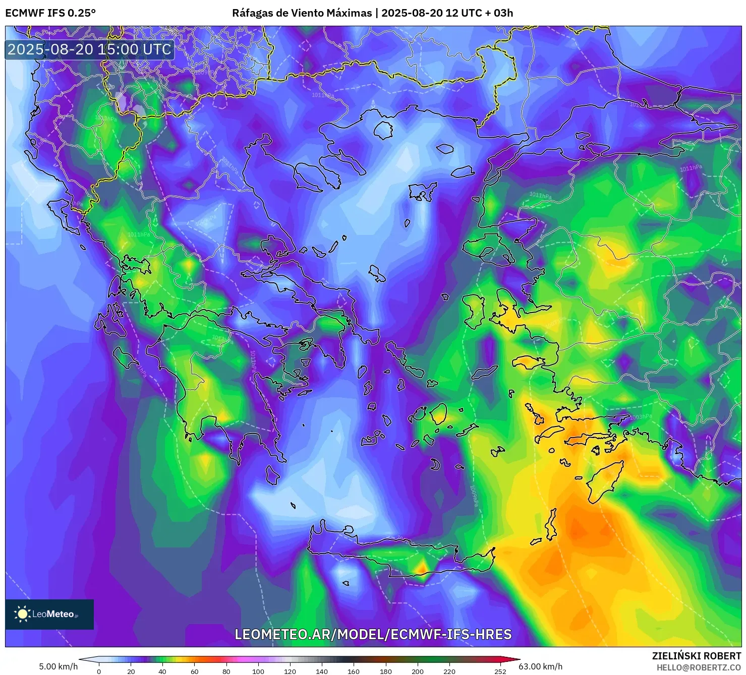 ECMWF IFS 0.25° model - Grecia, Ráfagas de Viento Máximas
