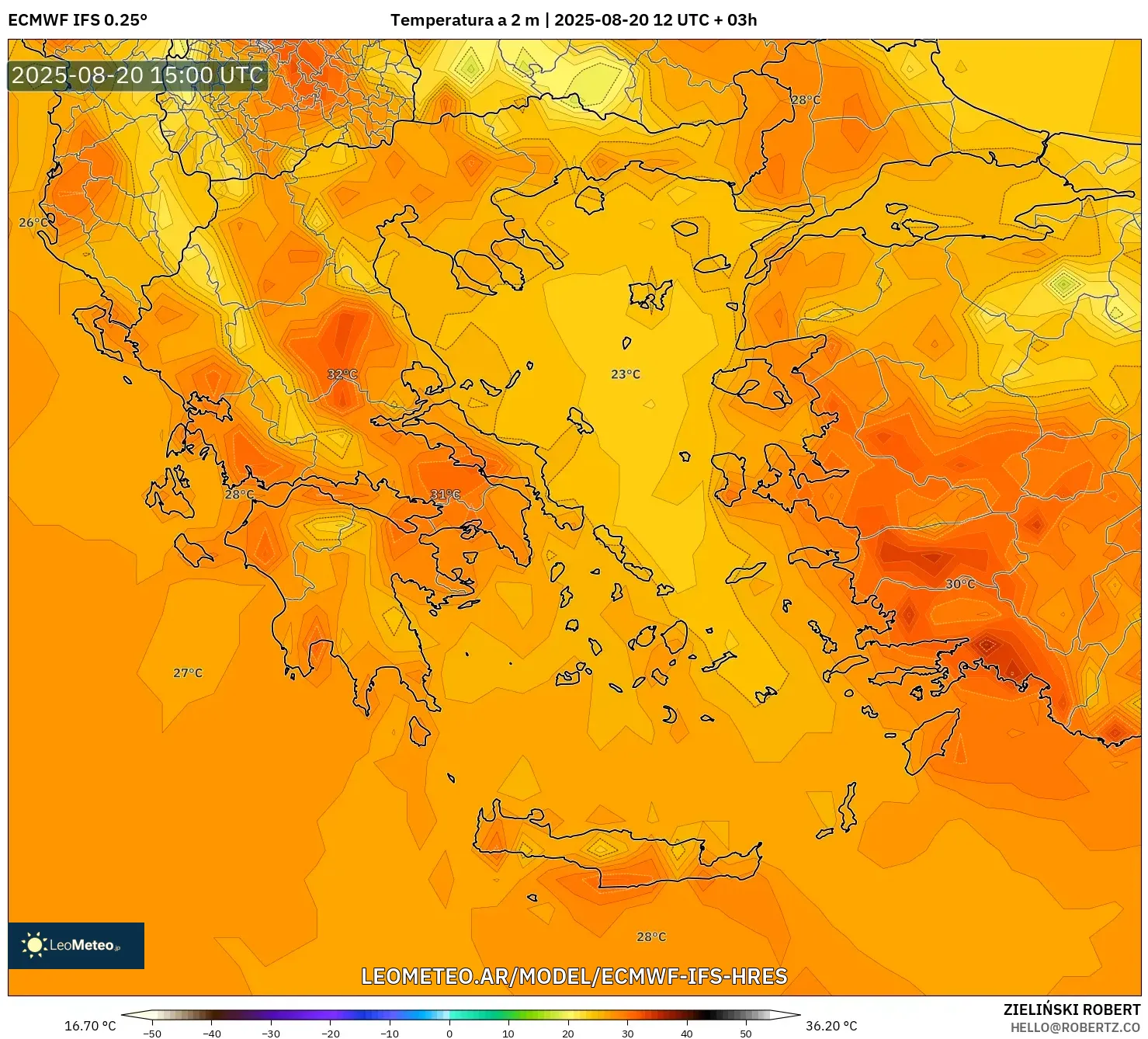ECMWF IFS 0.25° model - Grecia, Temperatura a 2 m