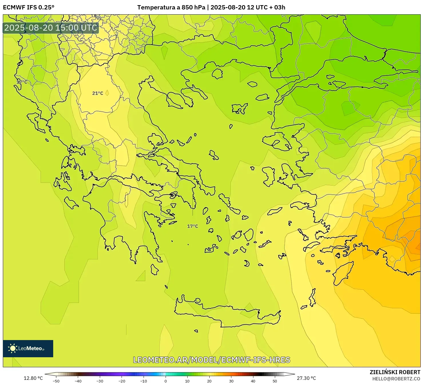ECMWF IFS 0.25° model - Grecia, Temperatura a 850 hPa ECMWF IFS 0.25° model - Grecia, Temperatura a 850 hPa