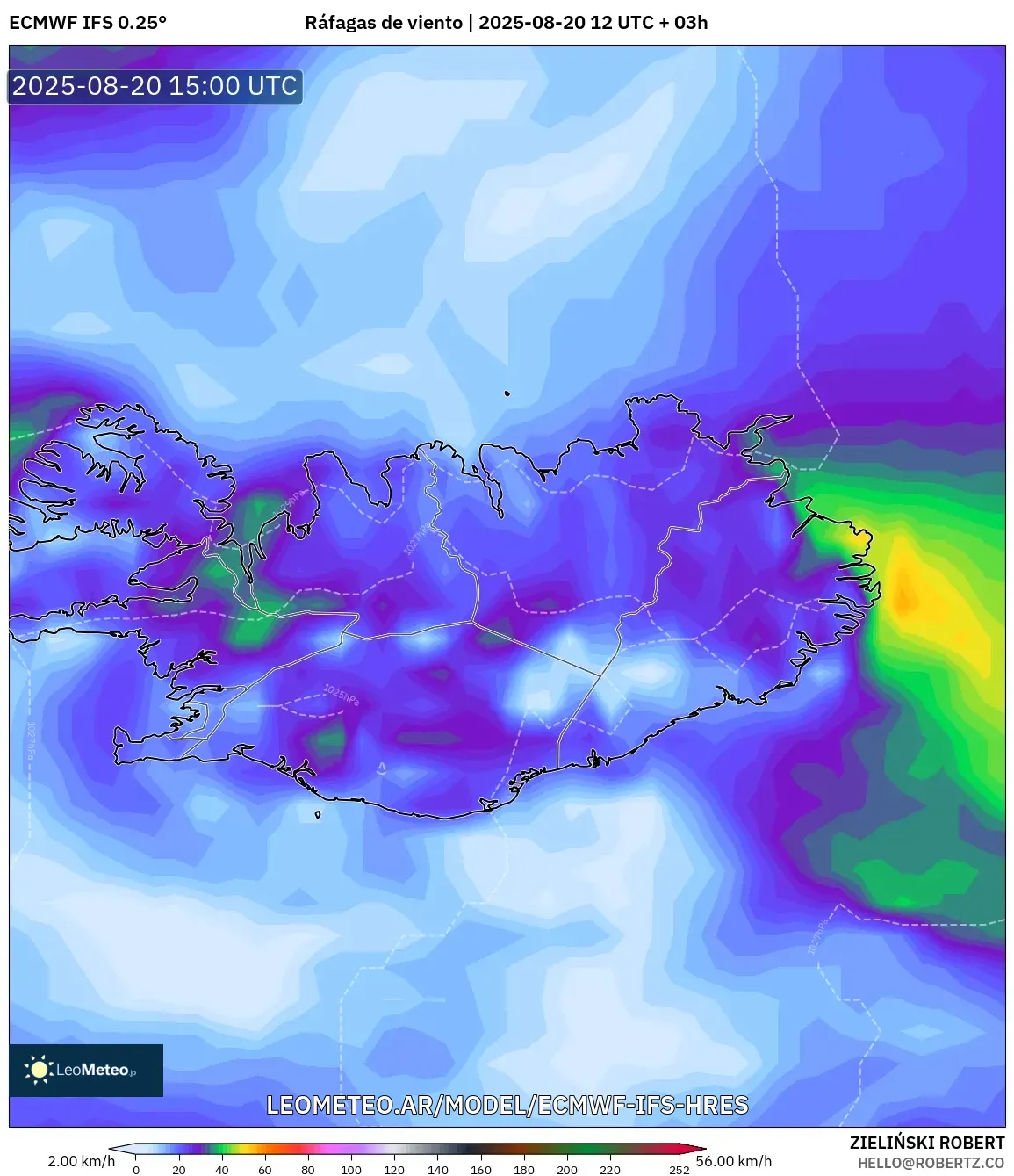ECMWF IFS 0.25° model - Islandia, Ráfagas de viento ECMWF IFS 0.25° model - Islandia, Ráfagas de viento