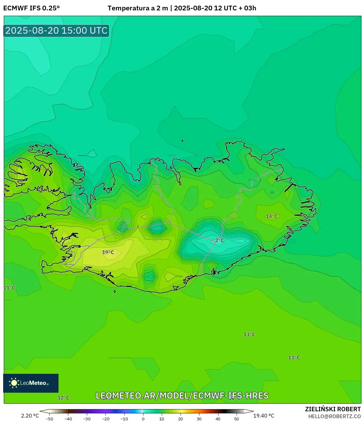 ECMWF IFS 0.25° model - Islandia, Temperatura a 2 m ECMWF IFS 0.25° model - Islandia, Temperatura a 2 m