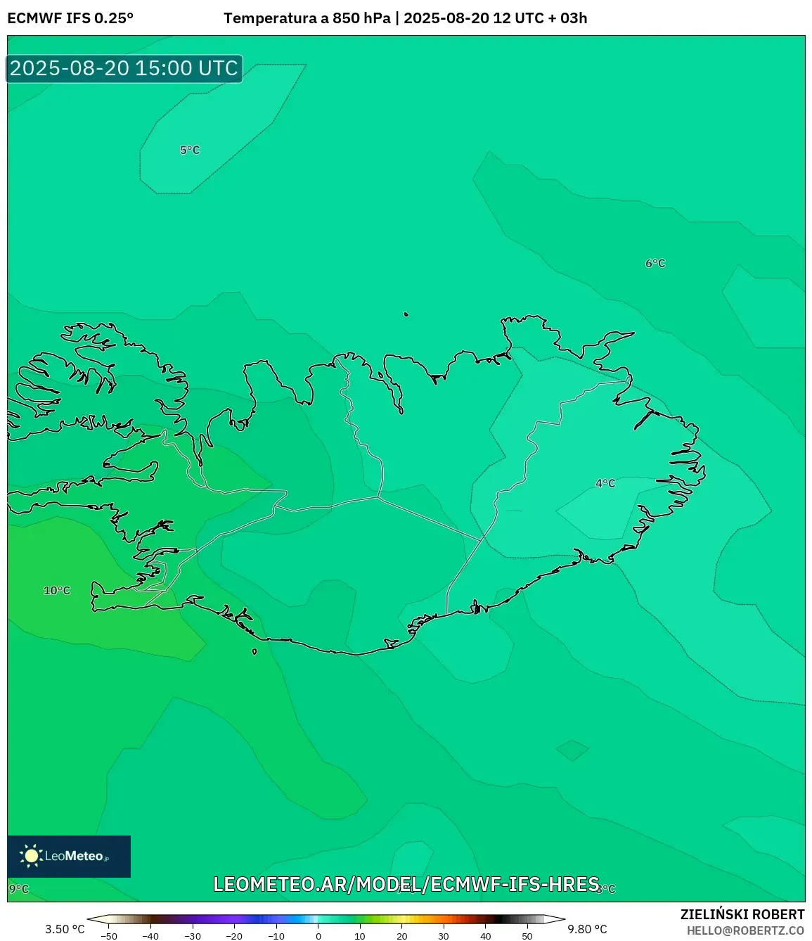 ECMWF IFS 0.25° model - Islandia, Temperatura a 850 hPa ECMWF IFS 0.25° model - Islandia, Temperatura a 850 hPa