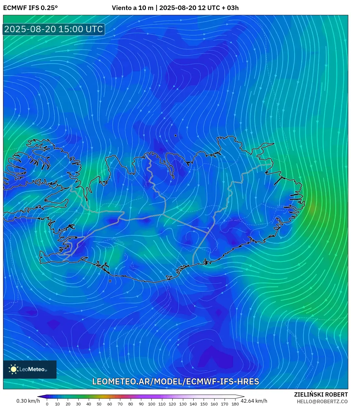 ECMWF IFS 0.25° model - Islandia, Viento a 10 m