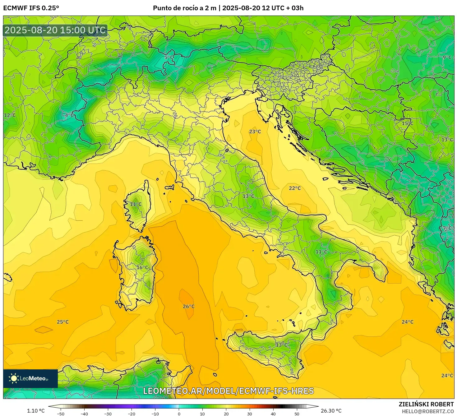 ECMWF IFS 0.25° model - Italia, Punto de rocío a 2 m ECMWF IFS 0.25° model - Italia, Punto de rocío a 2 m