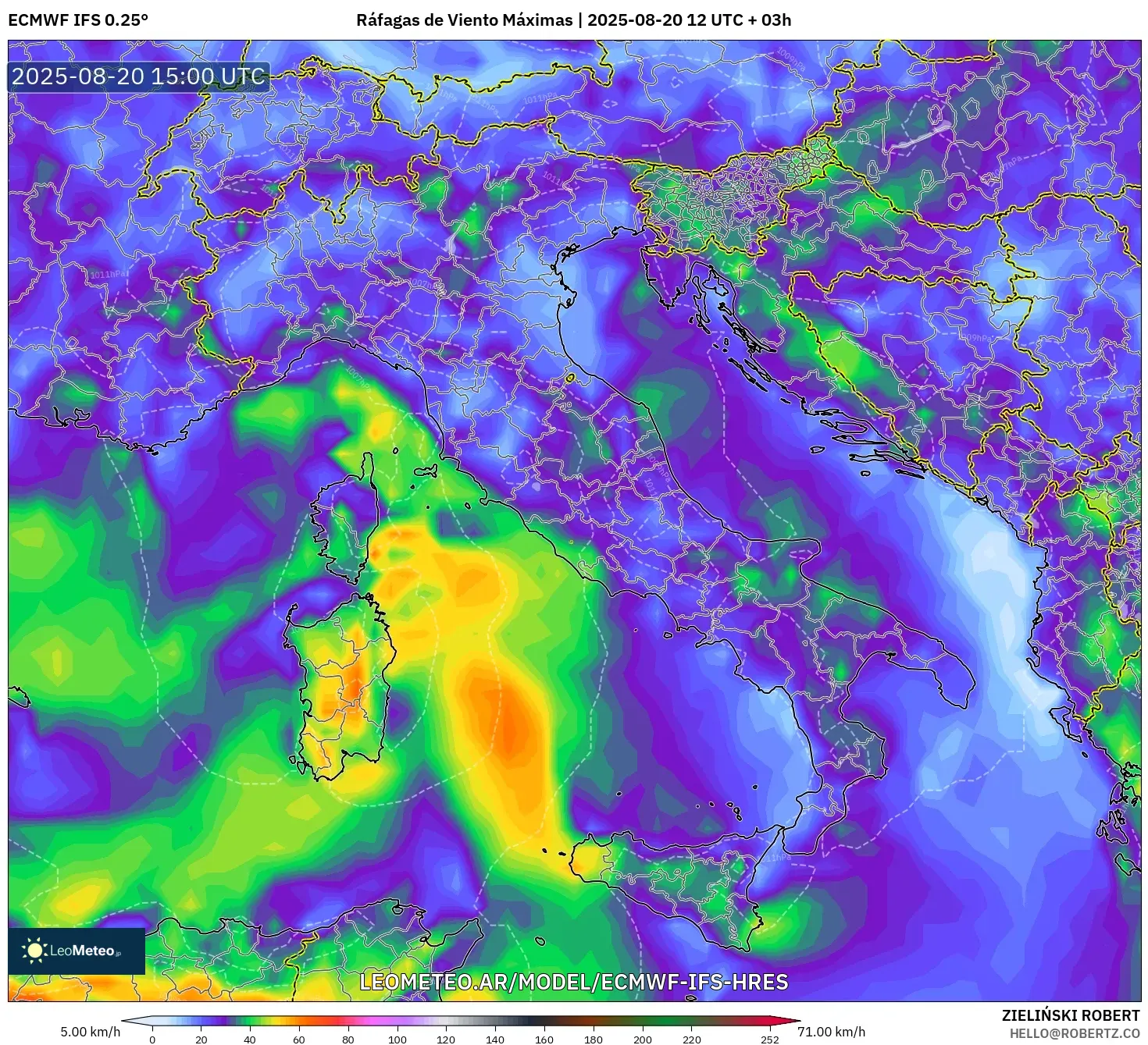 ECMWF IFS 0.25° model - Italia, Ráfagas de Viento Máximas ECMWF IFS 0.25° model - Italia, Ráfagas de Viento Máximas