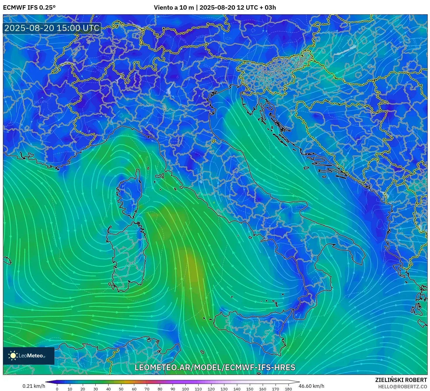 ECMWF IFS 0.25° model - Italia, Viento a 10 m
