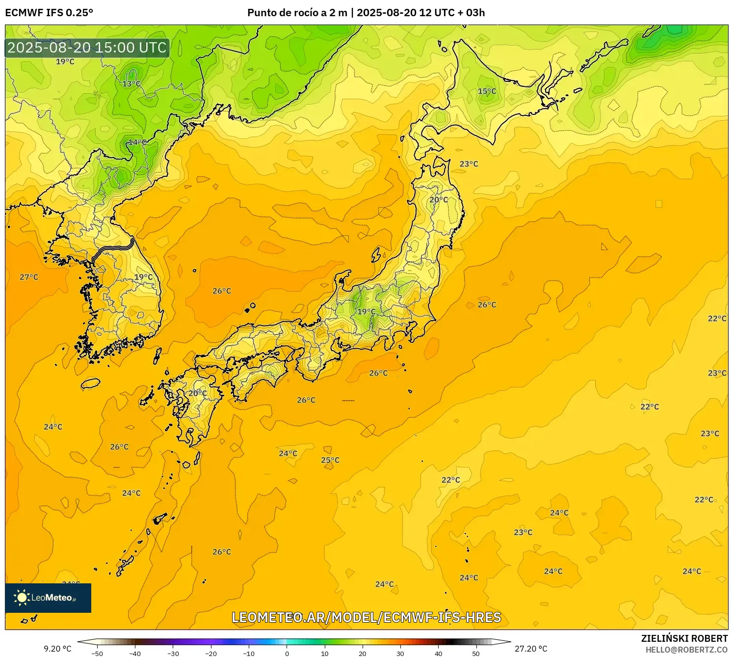 ECMWF IFS 0.25° model - Japón, Punto de rocío a 2 m