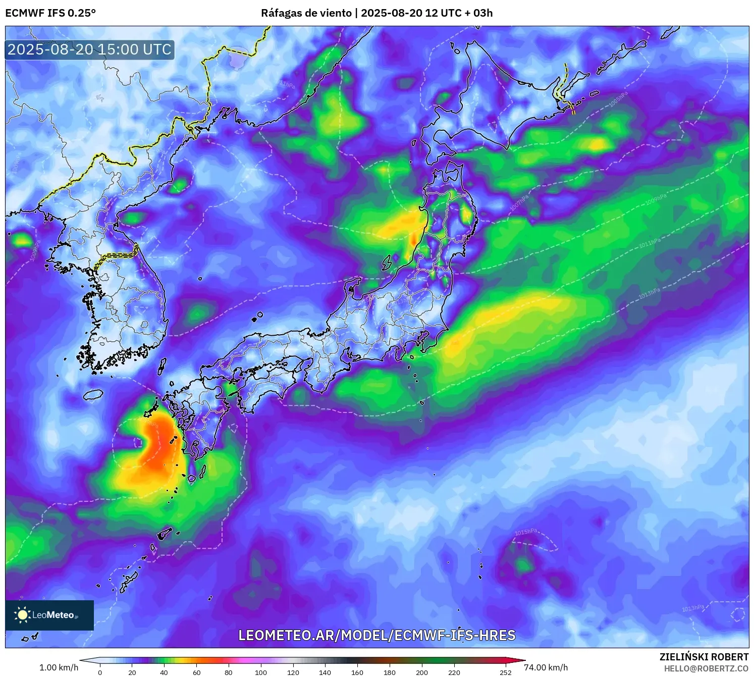 ECMWF IFS 0.25° model - Japón, Ráfagas de viento