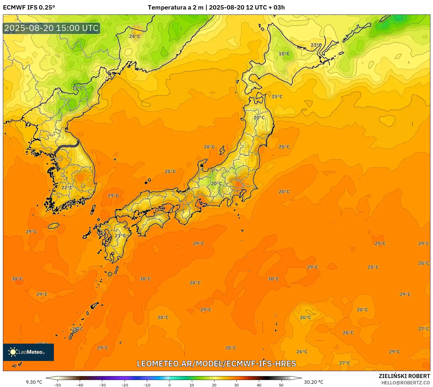 ECMWF IFS 0.25° model - Japón, Temperatura a 2 m