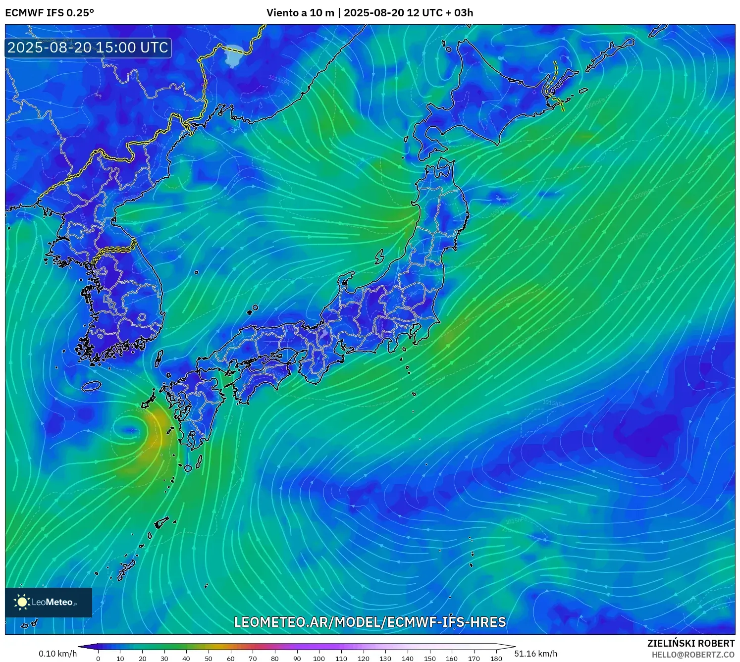 ECMWF IFS 0.25° model - Japón, Viento a 10 m ECMWF IFS 0.25° model - Japón, Viento a 10 m