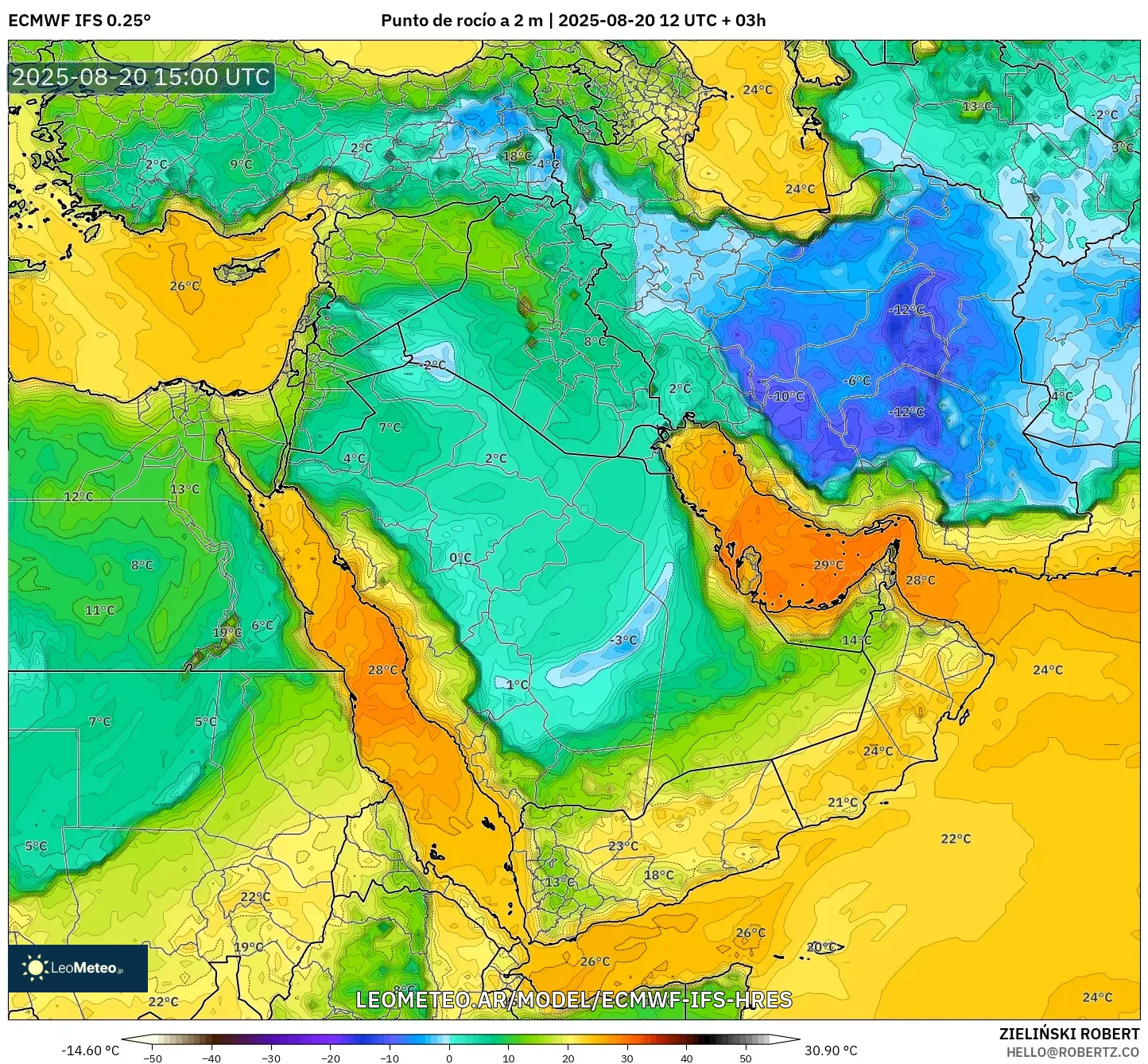 ECMWF IFS 0.25° model - Oriente Medio, Punto de rocío a 2 m ECMWF IFS 0.25° model - Oriente Medio, Punto de rocío a 2 m