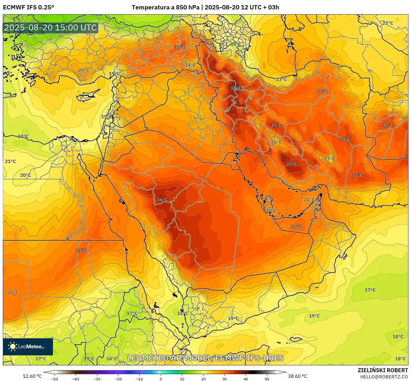 ECMWF IFS 0.25° model - Oriente Medio, Temperatura a 850 hPa ECMWF IFS 0.25° model - Oriente Medio, Temperatura a 850 hPa