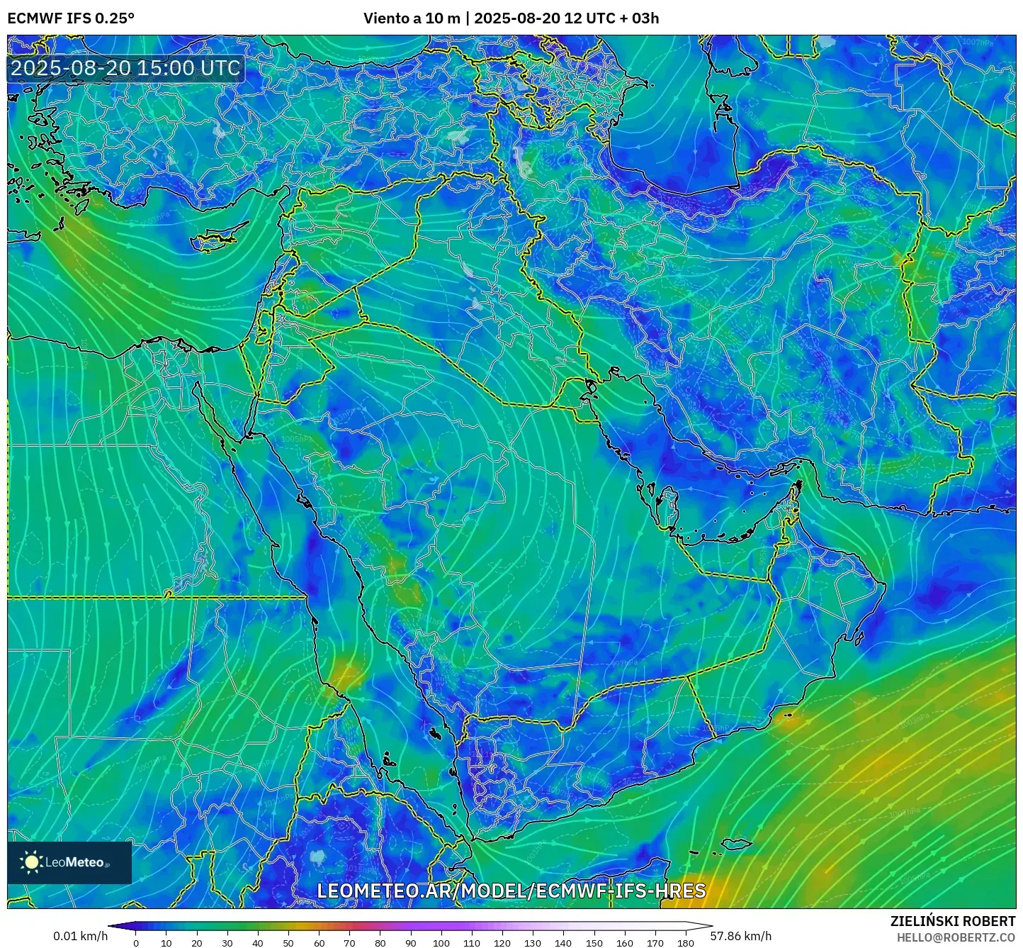 ECMWF IFS 0.25° model - Oriente Medio, Viento a 10 m